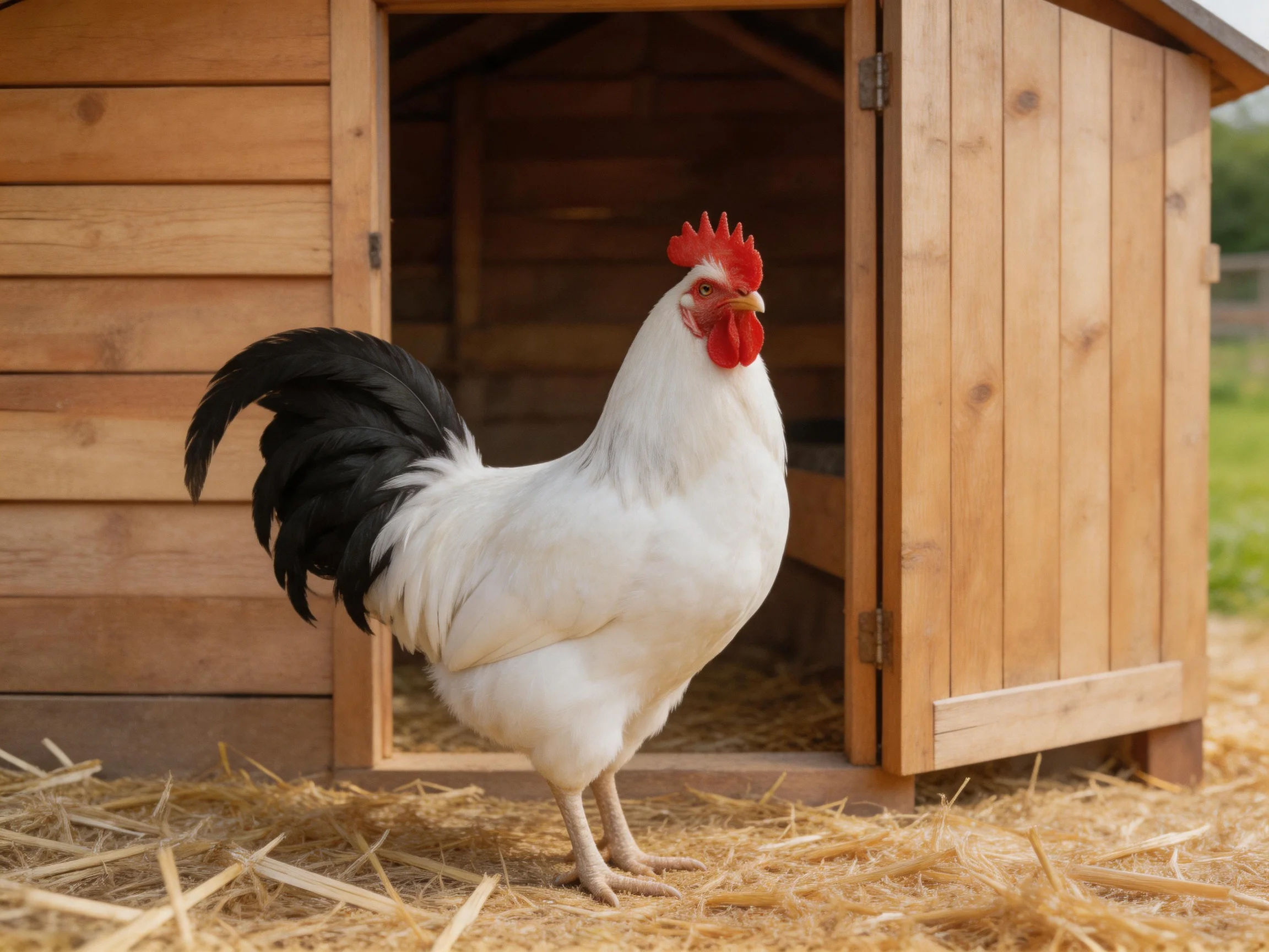A white rooster with black tail feathers stands next to an open wooden chicken coop