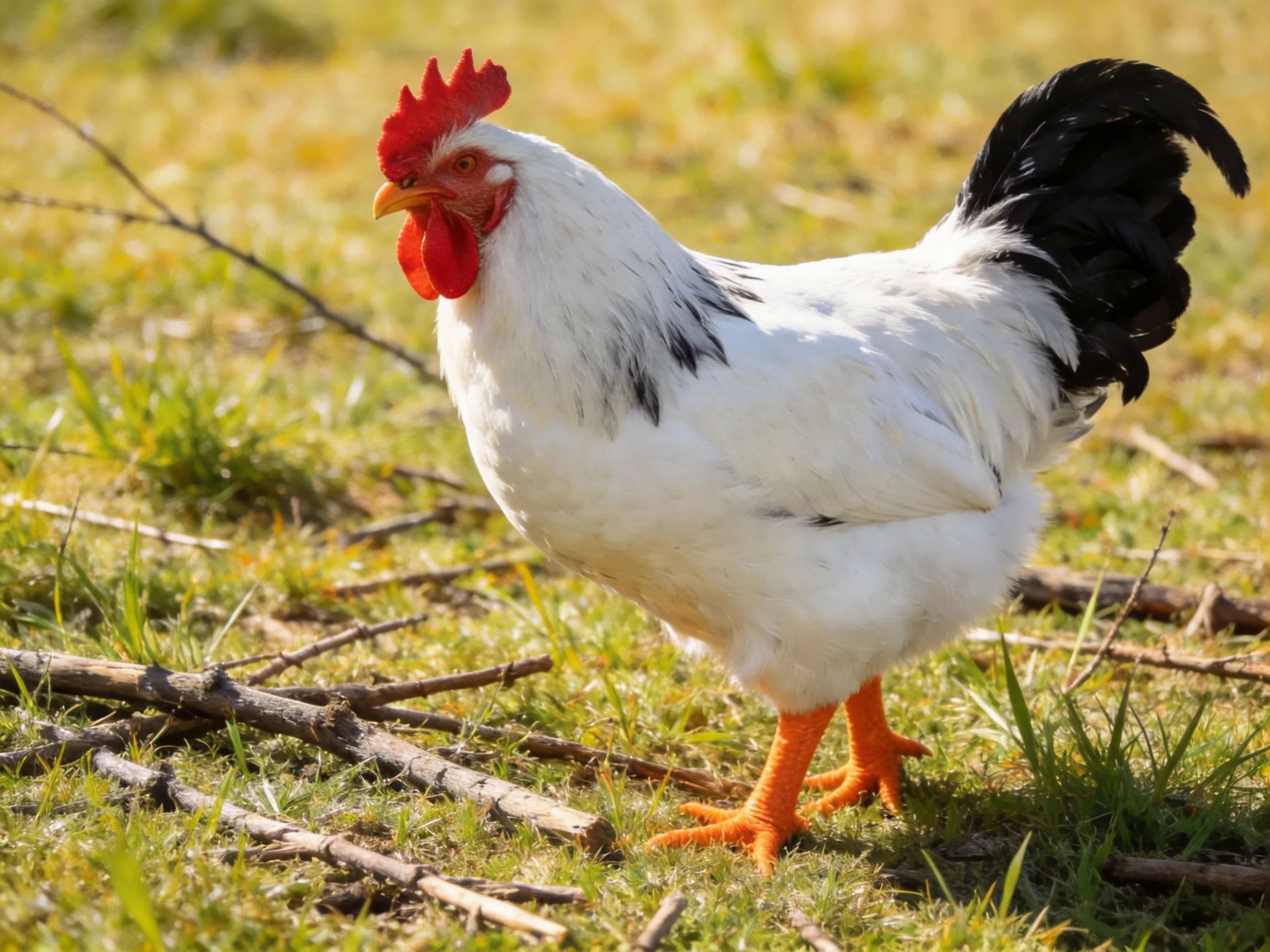 A white rooster with black tail, red comb, and orange legs on grass