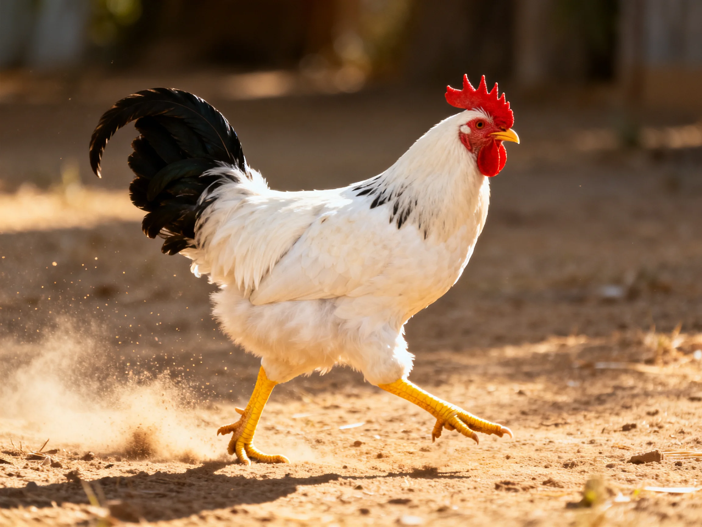 A white rooster with black tail runs on sun-drenched dusty ground