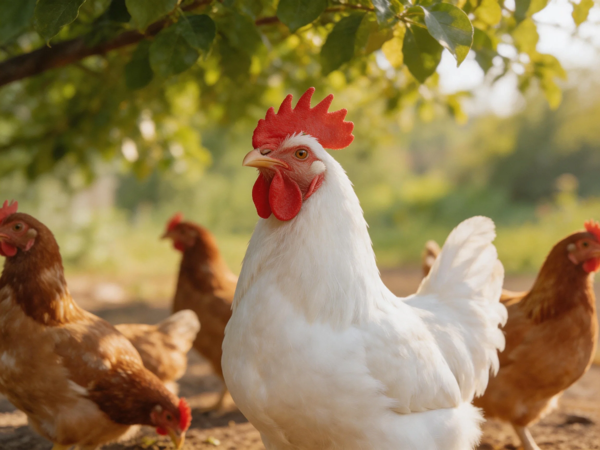 A white rooster stands among brown chickens in a sunlit, leafy outdoor area.