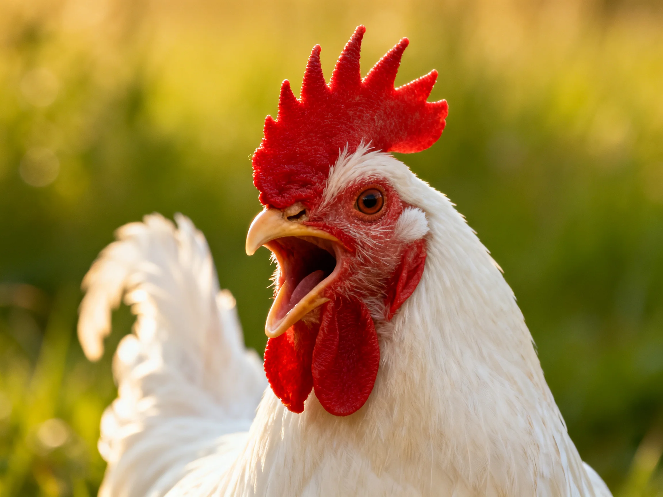 A white rooster with red comb and wattles calls out near a blurred green background.
