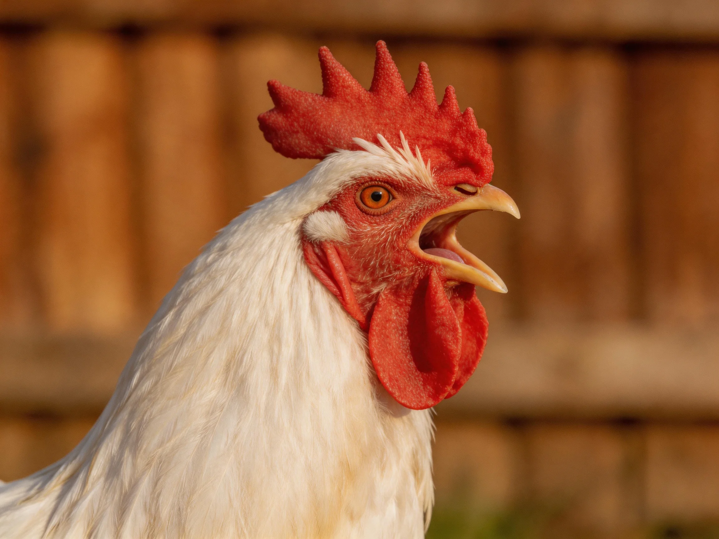 A rooster with white feathers and red facial markings calls near a wooden fence.