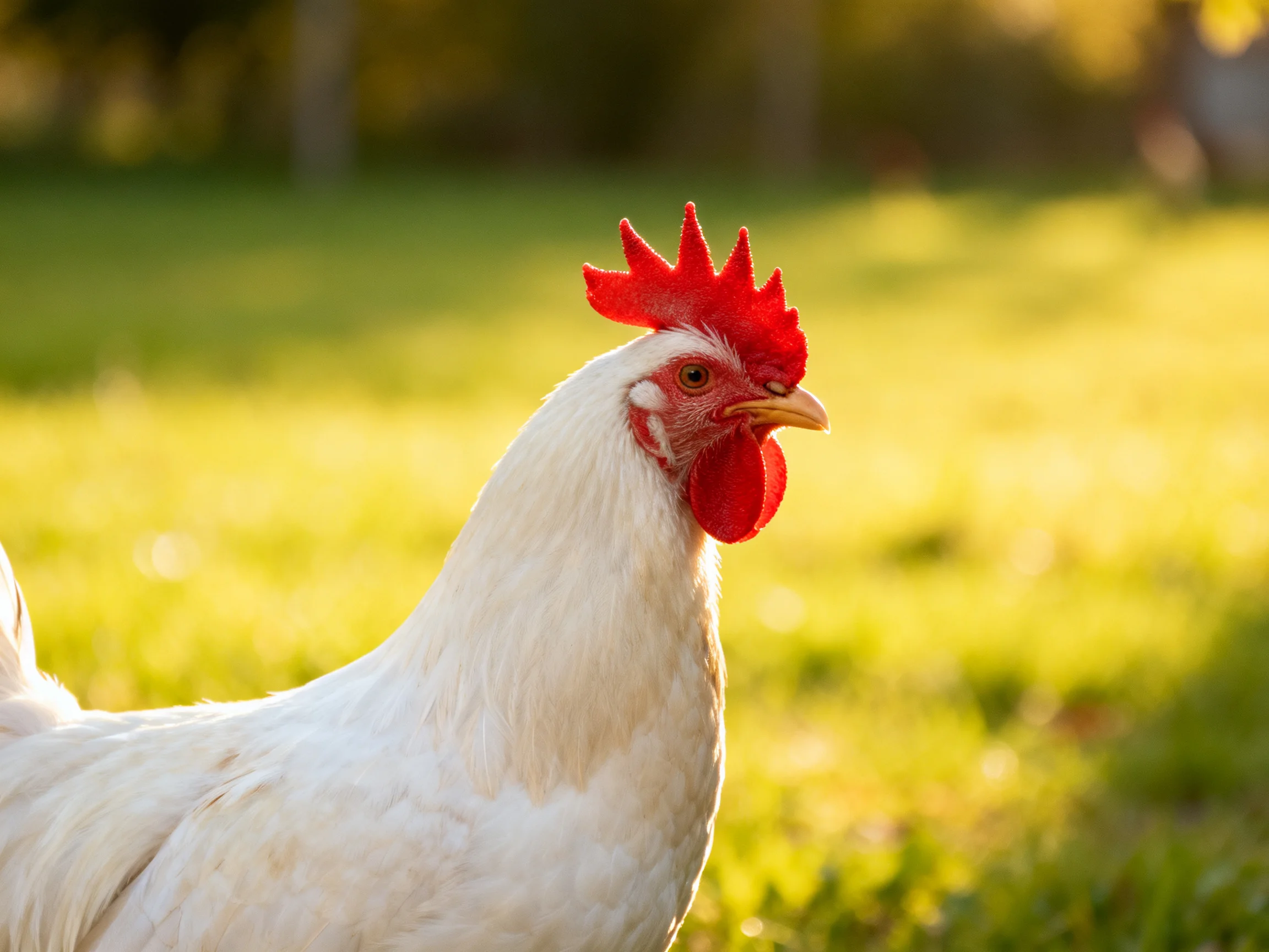 A white rooster with a red comb stands in a sunlit grassy area.