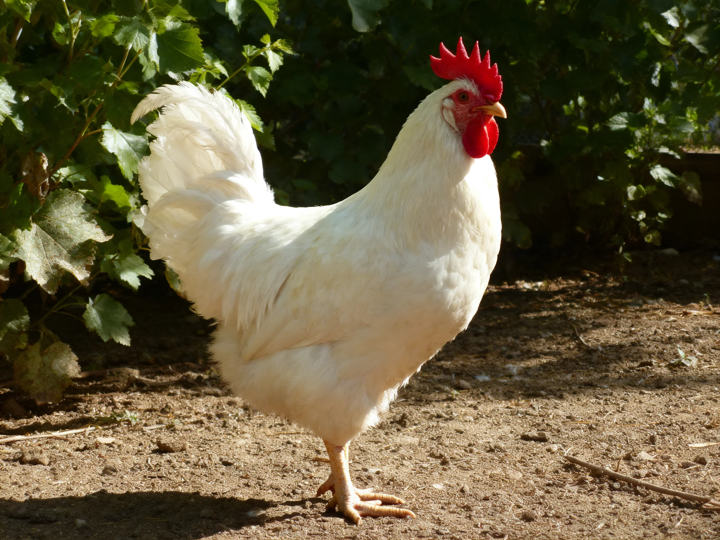 A white rooster with bright red comb near leafy green plants