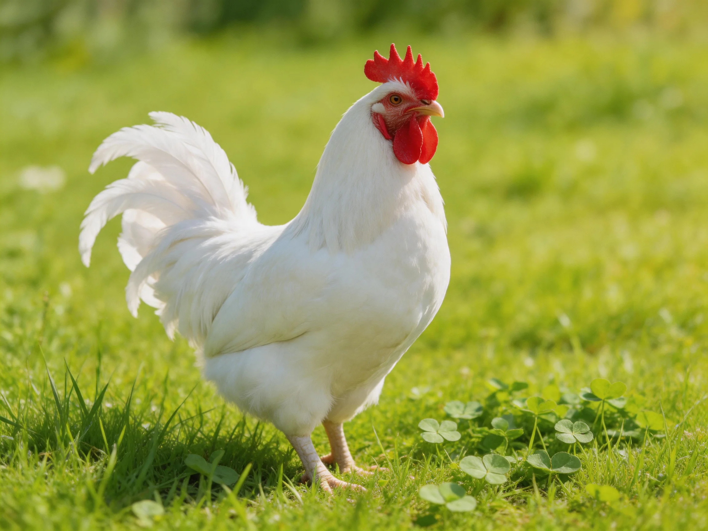 A white rooster with a red comb forages in a sunlit grassy field.