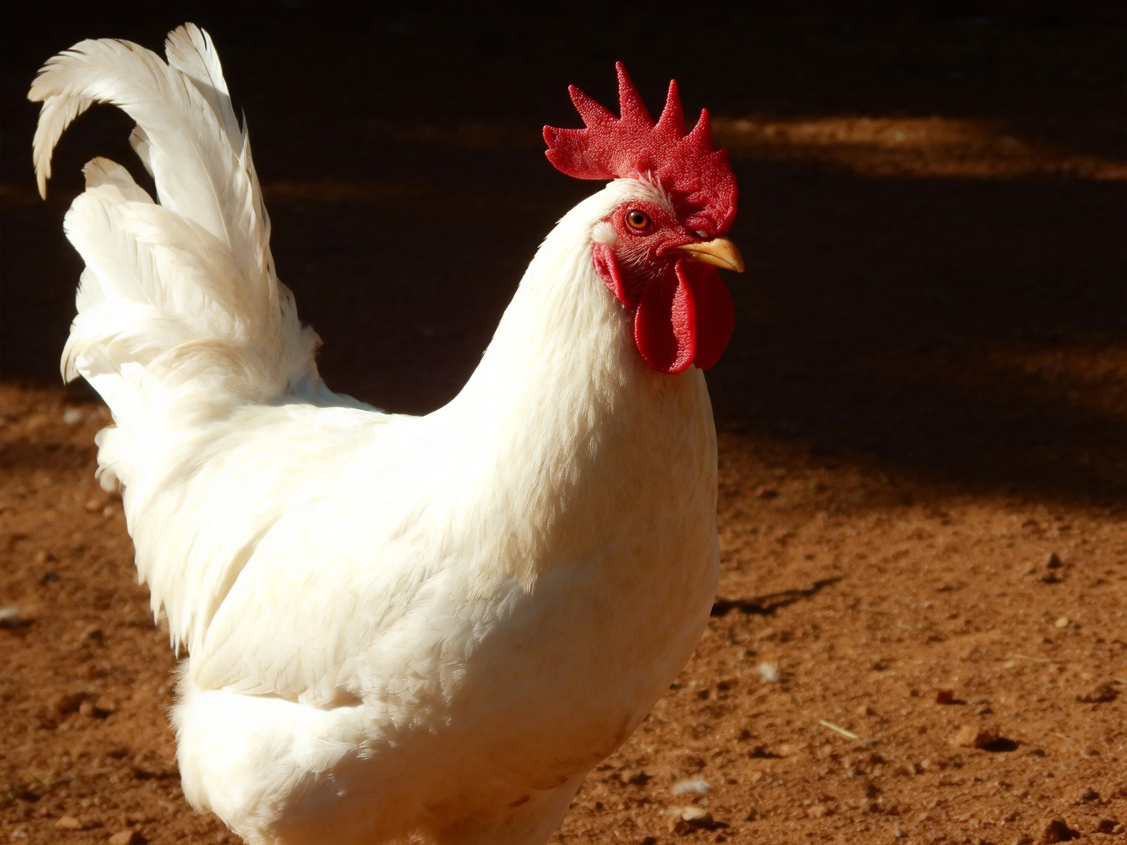 A white rooster with red facial features stands on reddish-brown ground.