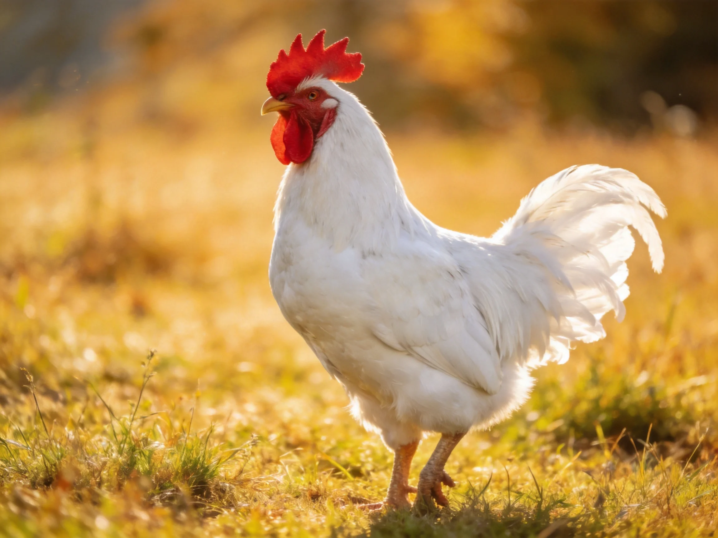 A white rooster with bright red comb on sunlit grassy field