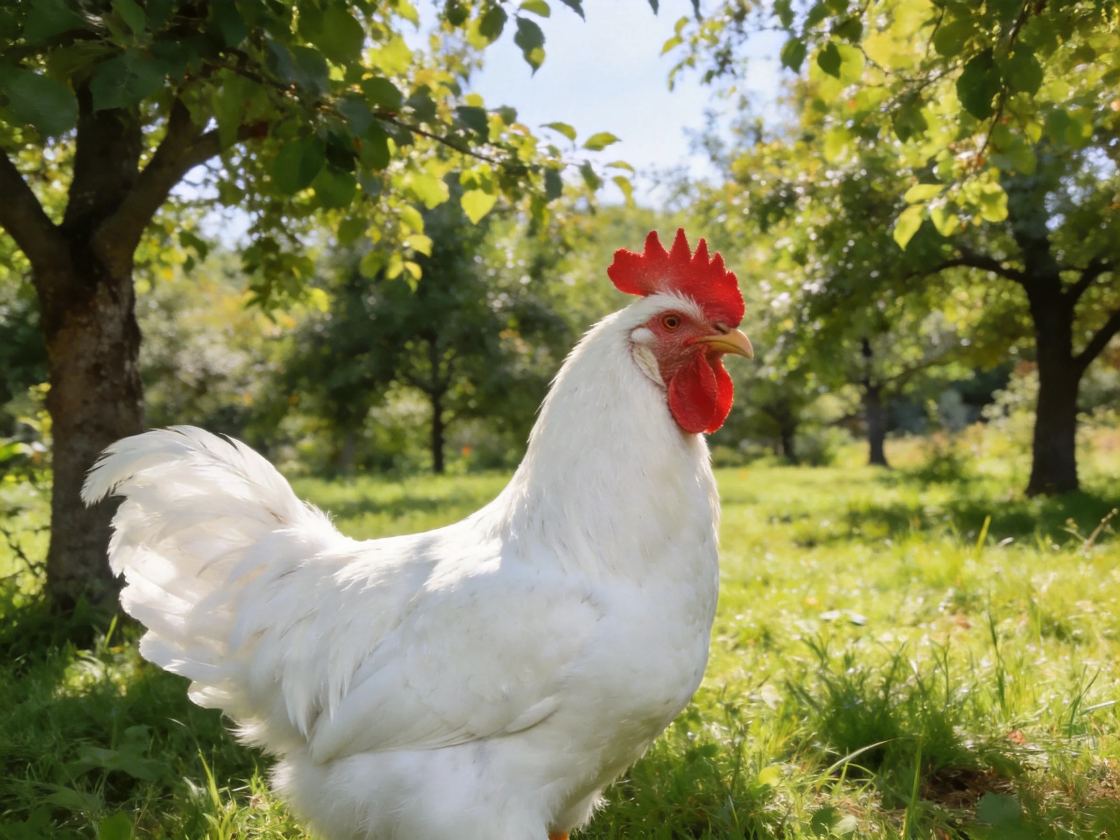 A white rooster with bright red comb standing in a sunlit grassy orchard