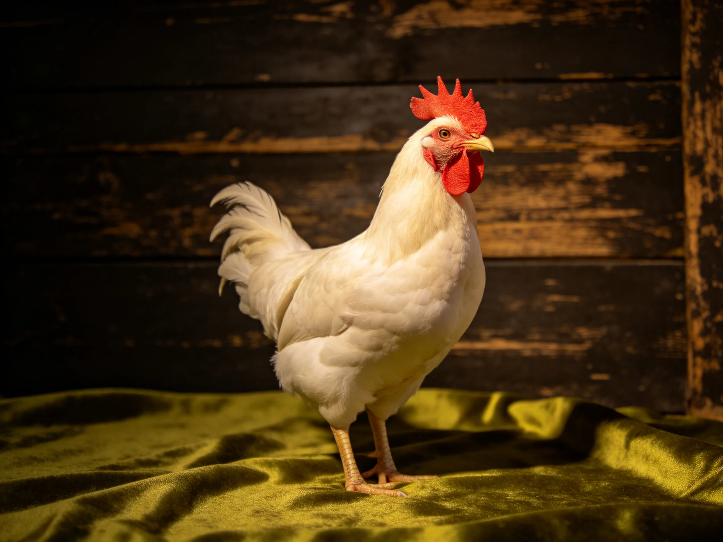 A white rooster with bright red comb stands on olive-green fabric near dark wooden planks