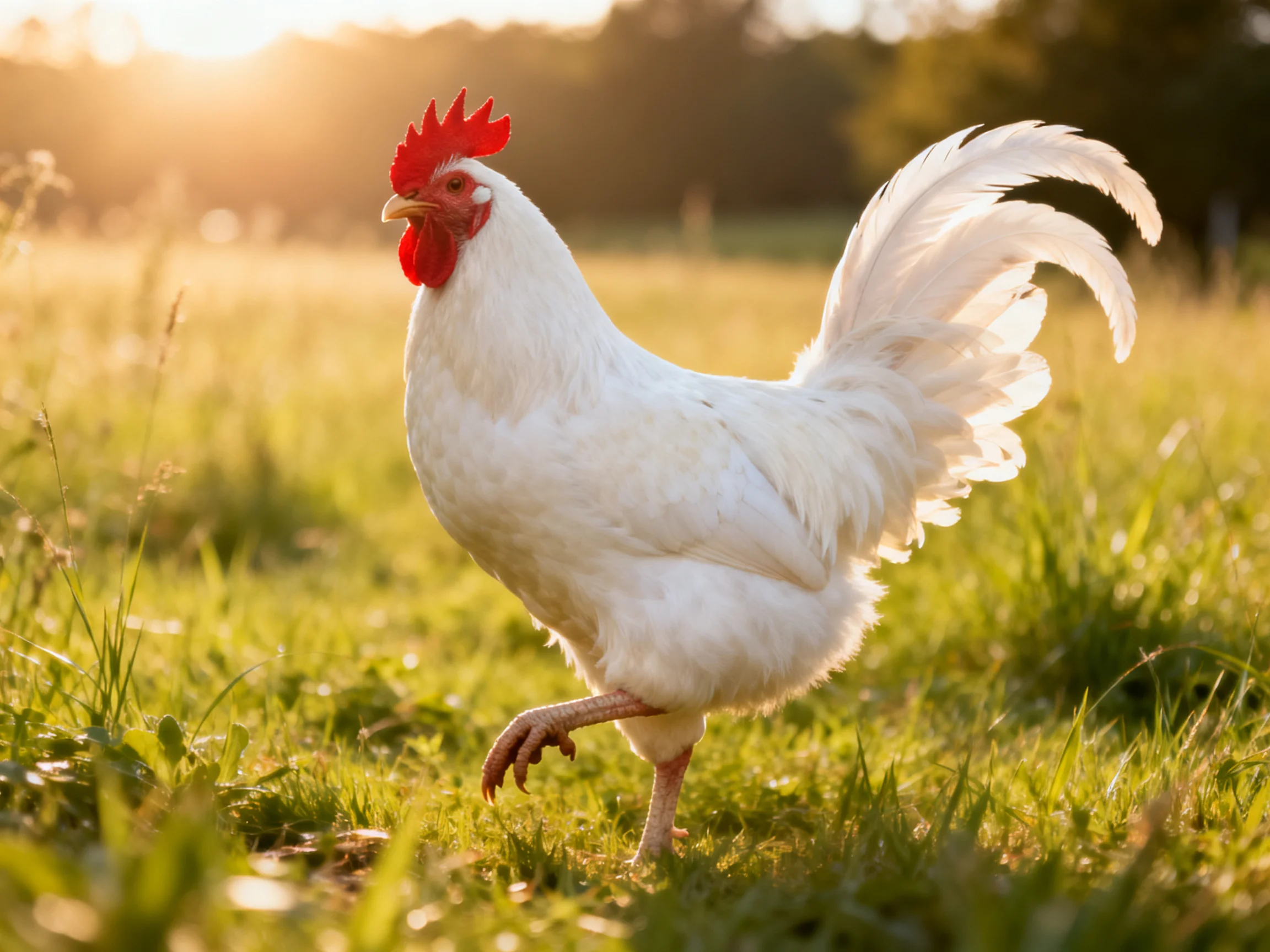 A white rooster with bright red comb walking in sunlit green pasture
