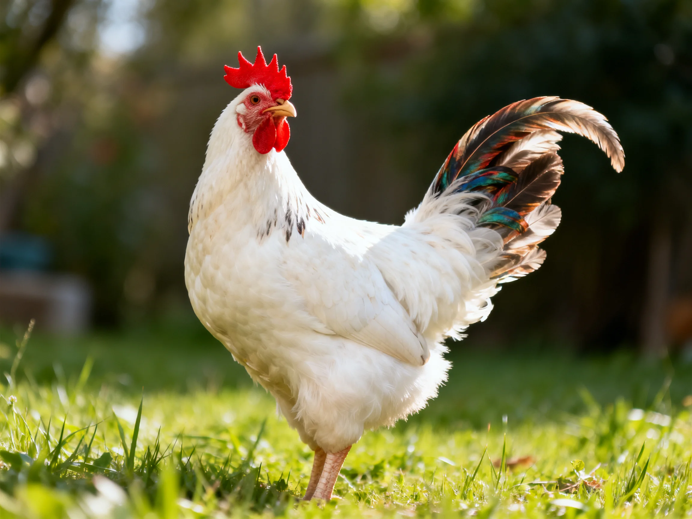 A white rooster stands on grass in a sunlit outdoor setting.