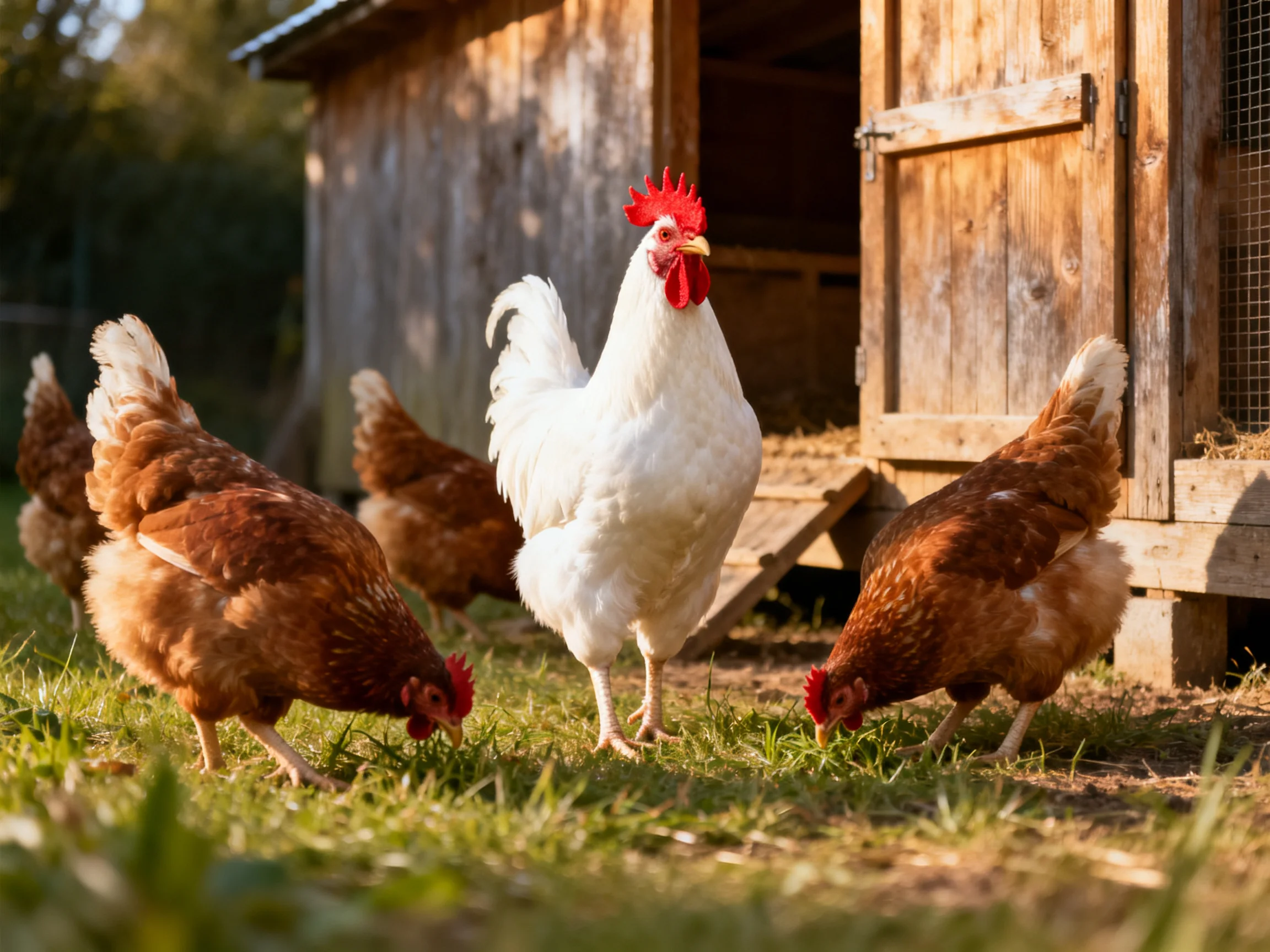 A white rooster with a red comb is among brown chickens near a wooden coop.
