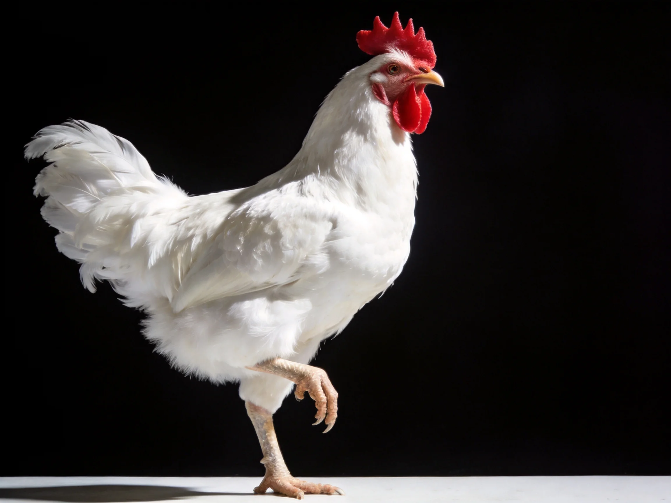 A white rooster with red comb and wattles stands on a surface against a black background