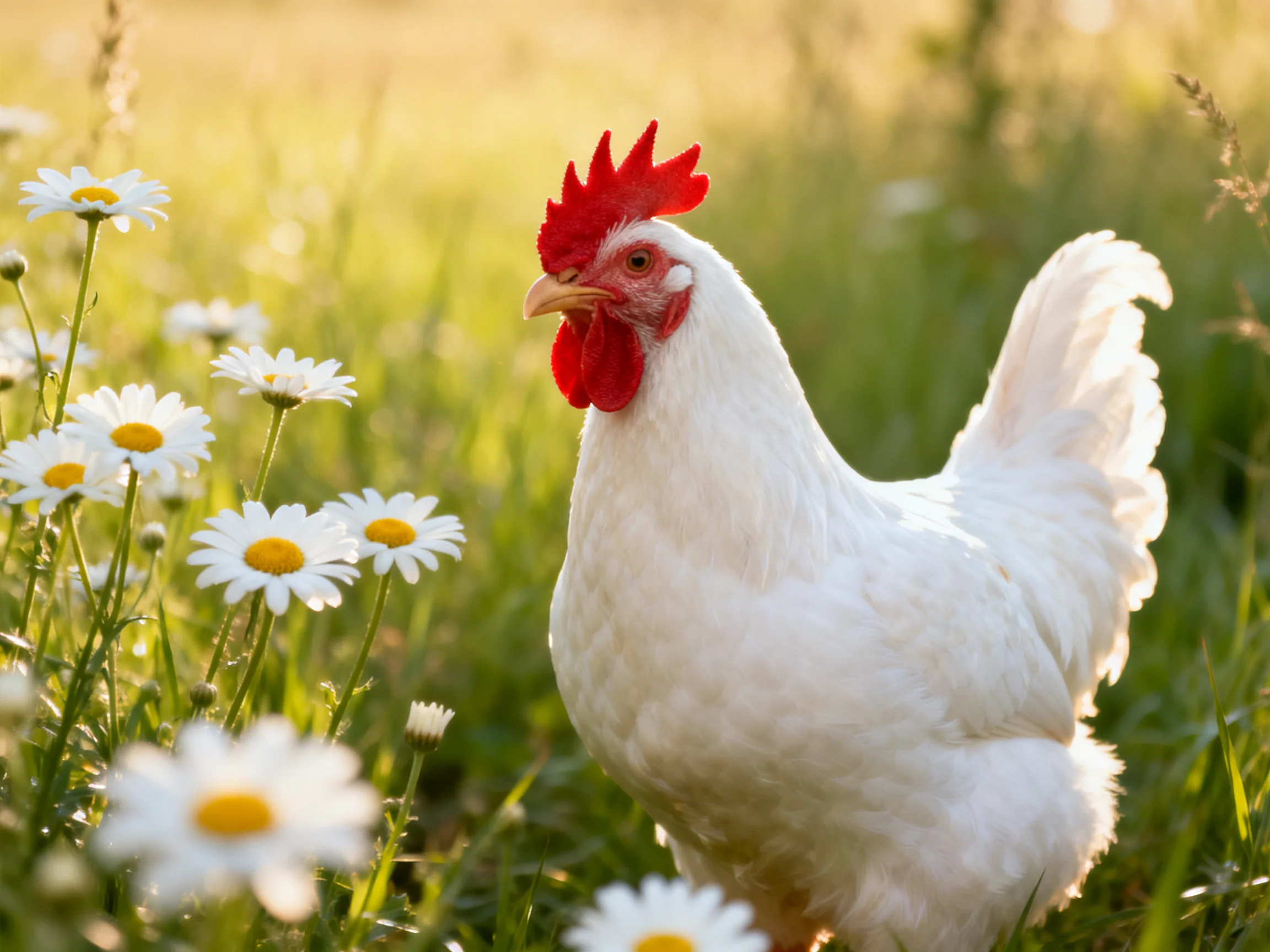 A white rooster with a red comb forages near daisies in a sunlit meadow.
