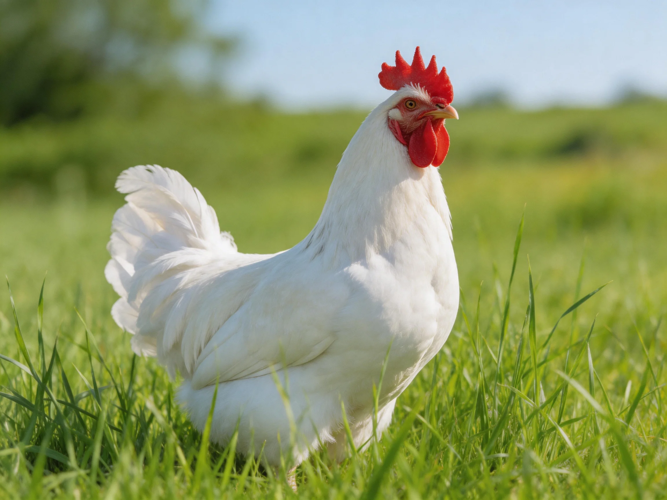 A white rooster with a red comb stands in a sunny grassy area.