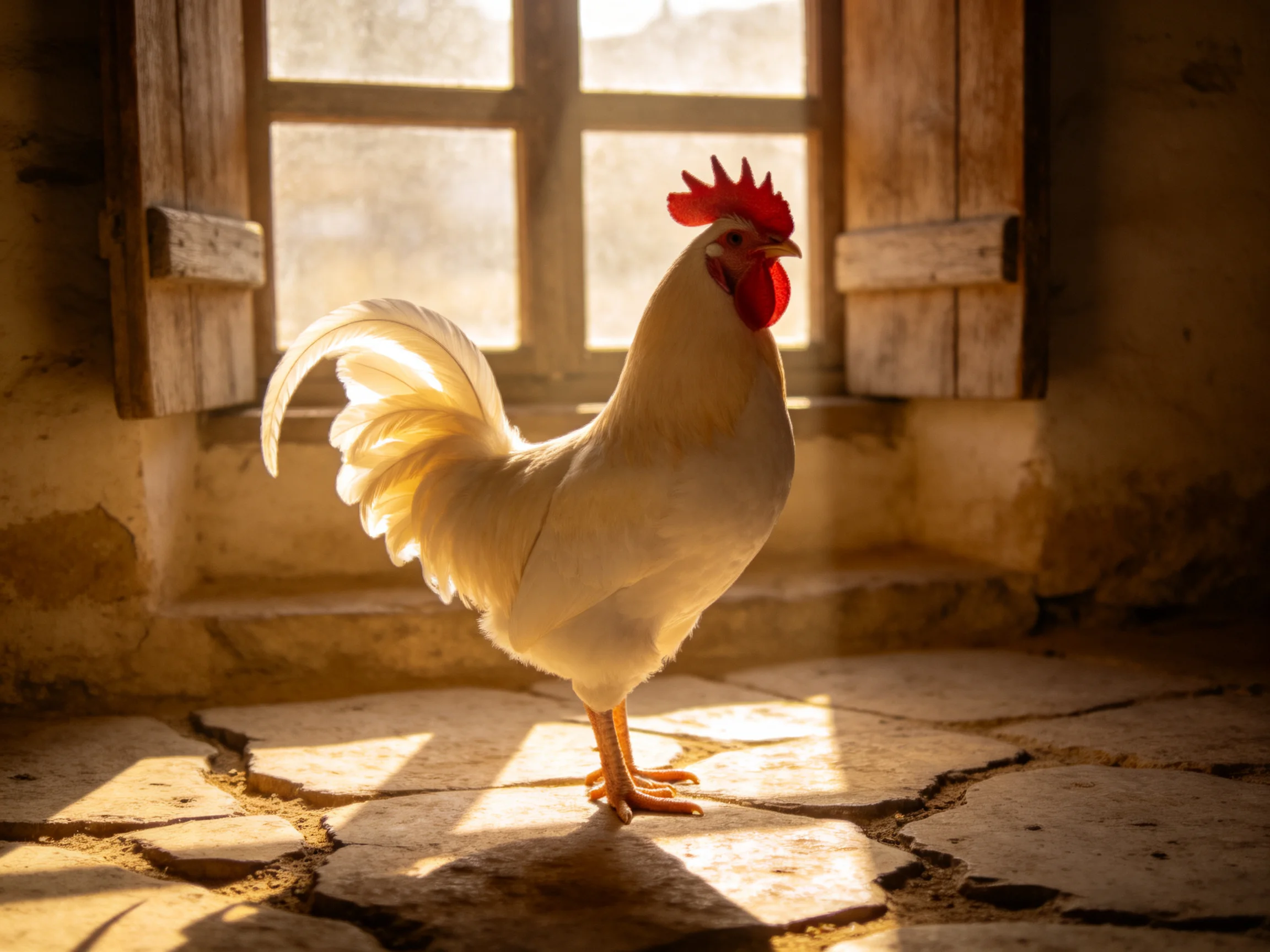 A white rooster with a red comb stands near a rustic wooden window in sunlight.