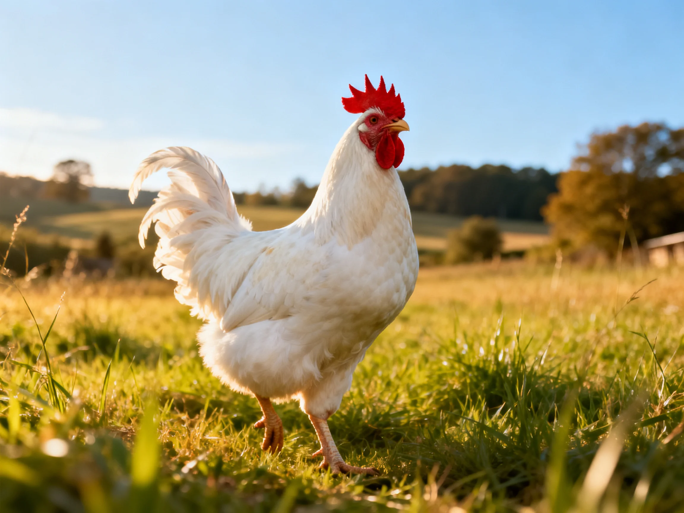 A white rooster with red comb walking in a sunlit grassy field
