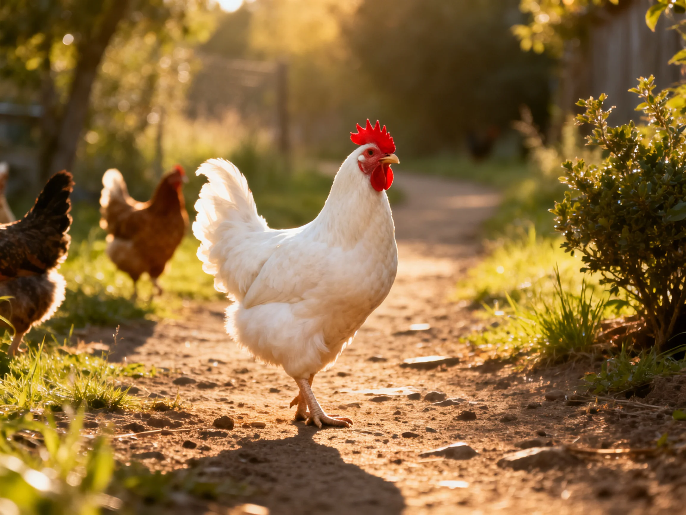 A white rooster with red comb walks on a sunlit farm path near other chickens