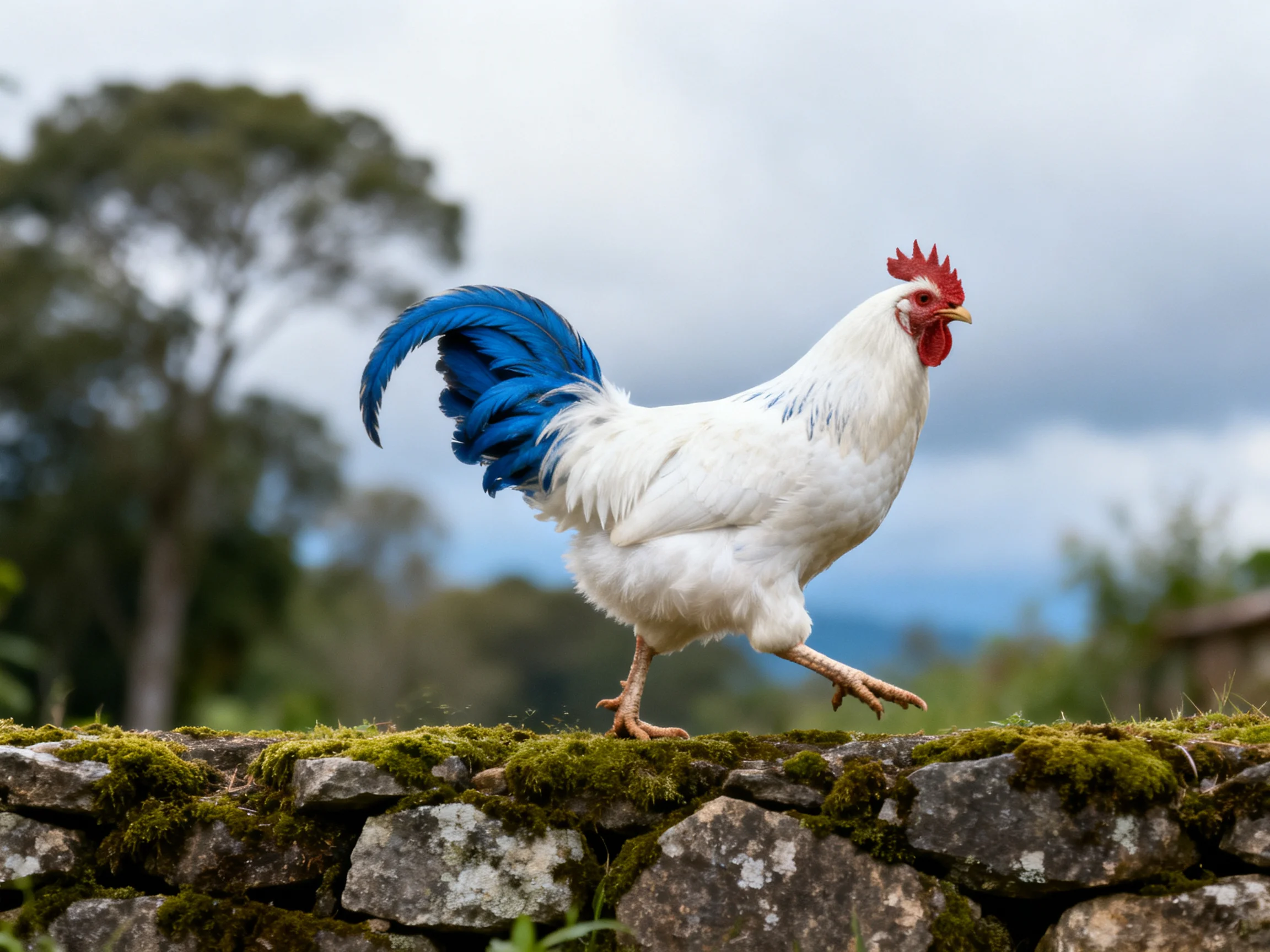 A white rooster with vibrant blue tail walks on a moss-covered stone wall
