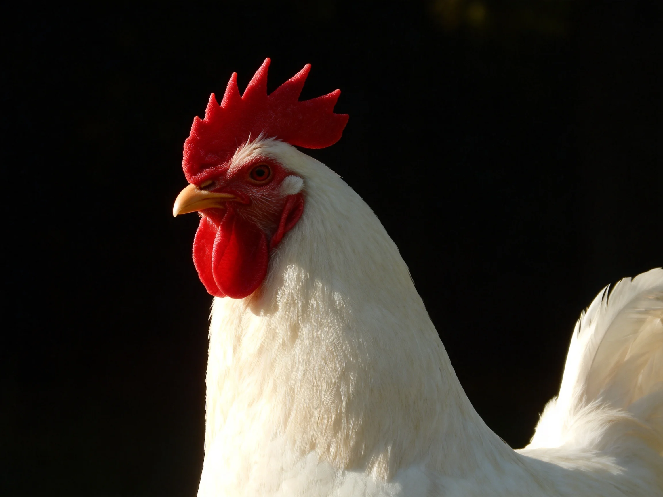 A white rooster with vibrant red comb and wattle