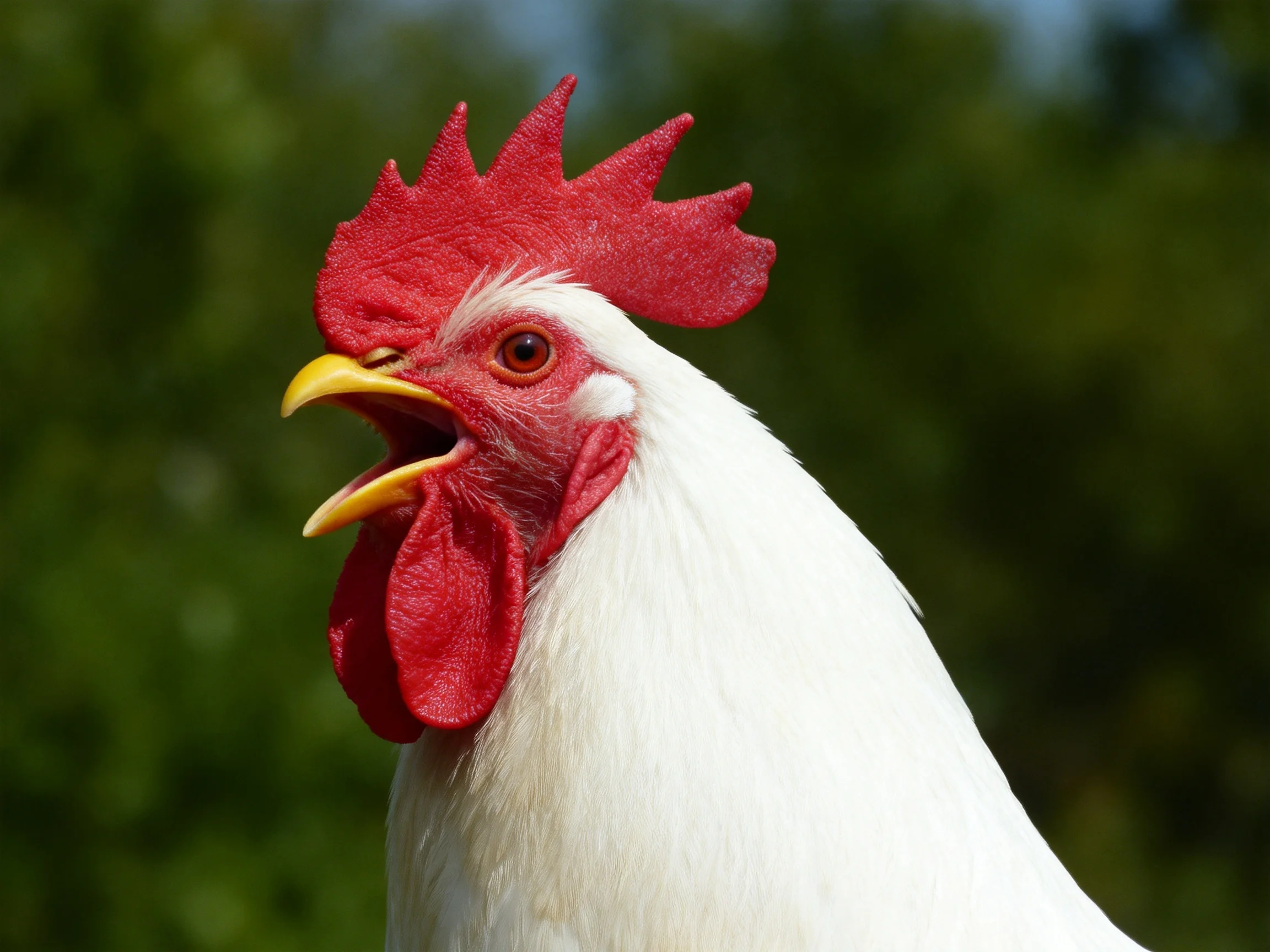 A white rooster with vibrant red comb and wattles