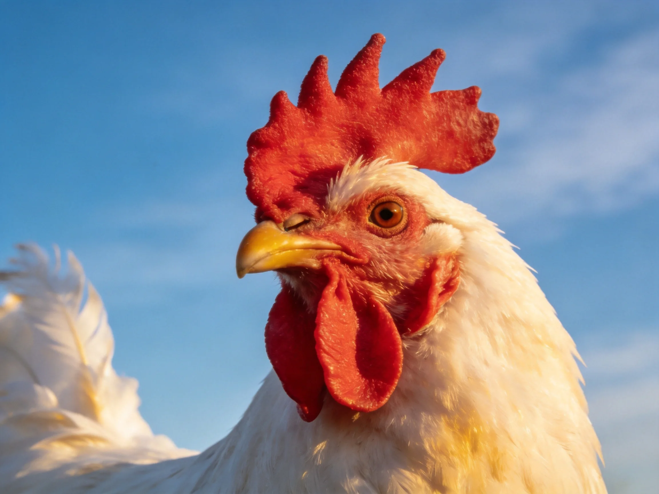 A white rooster with vibrant red comb and wattles against a clear blue sky