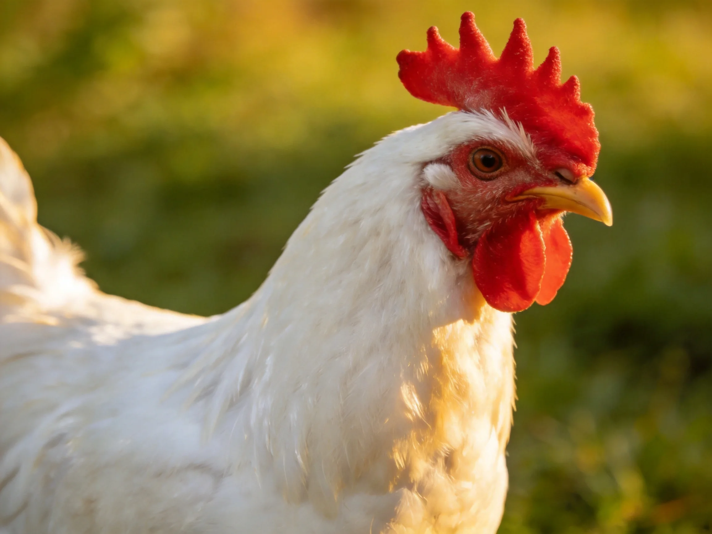 A white rooster with vibrant red comb and wattles in a sunlit outdoor environment