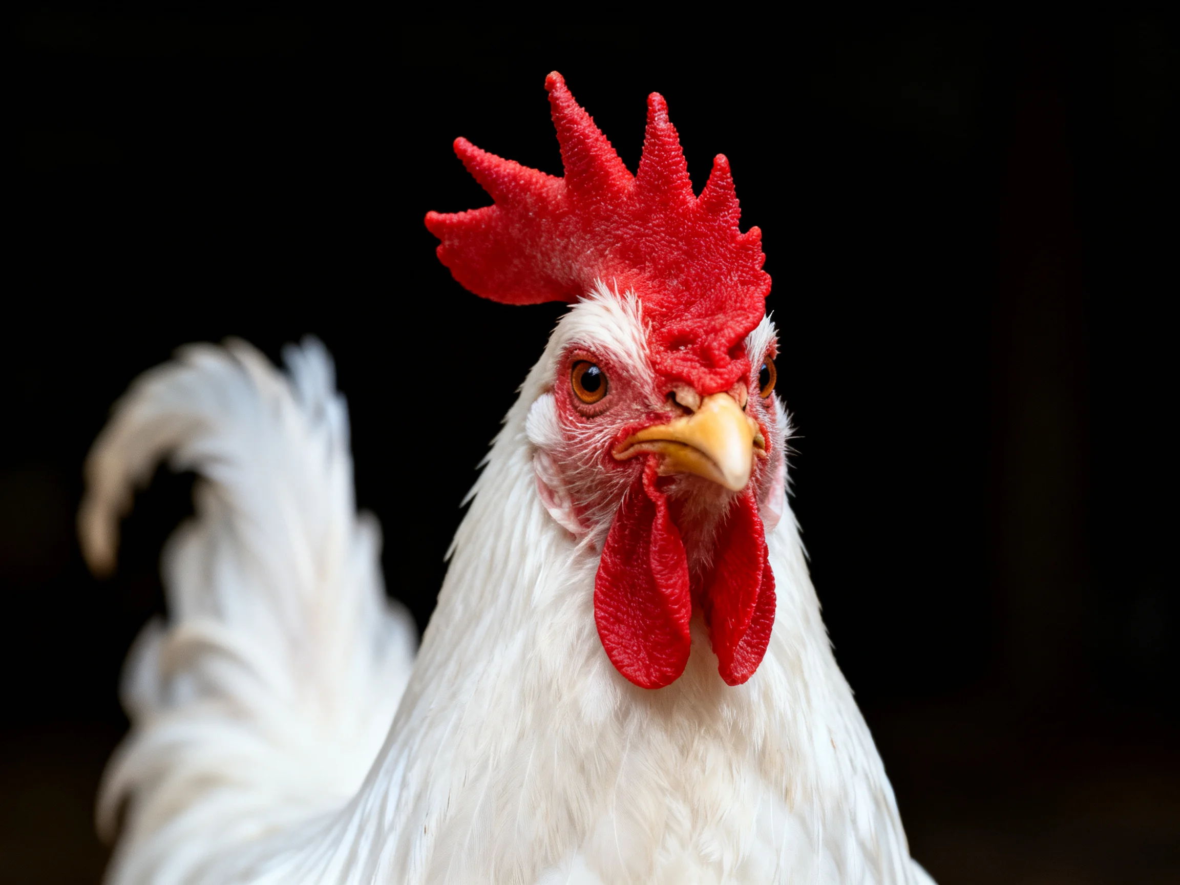 Close - up of a white rooster displaying bold red facial traits