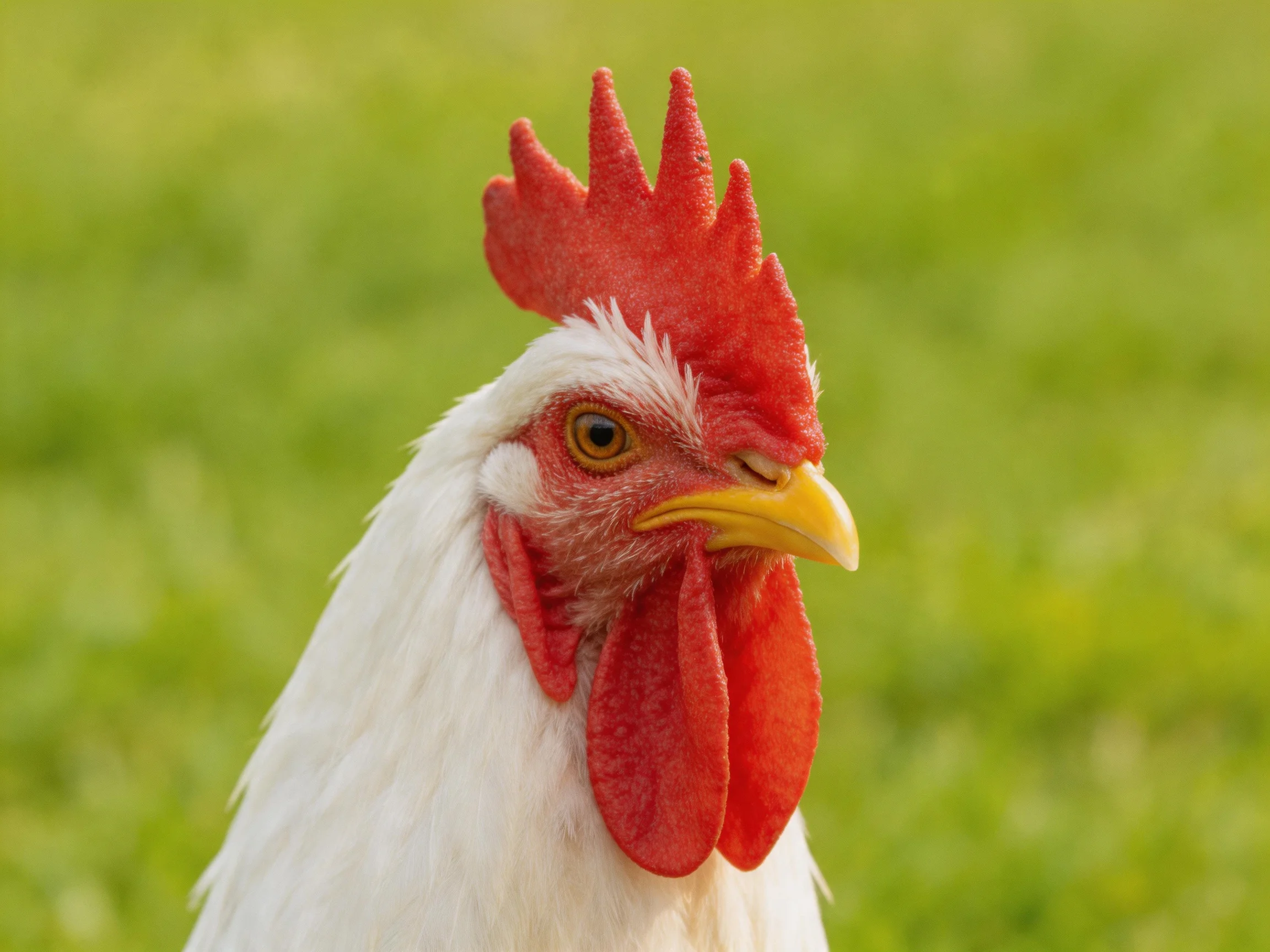 A white rooster with vibrant red comb and yellow beak against green grass