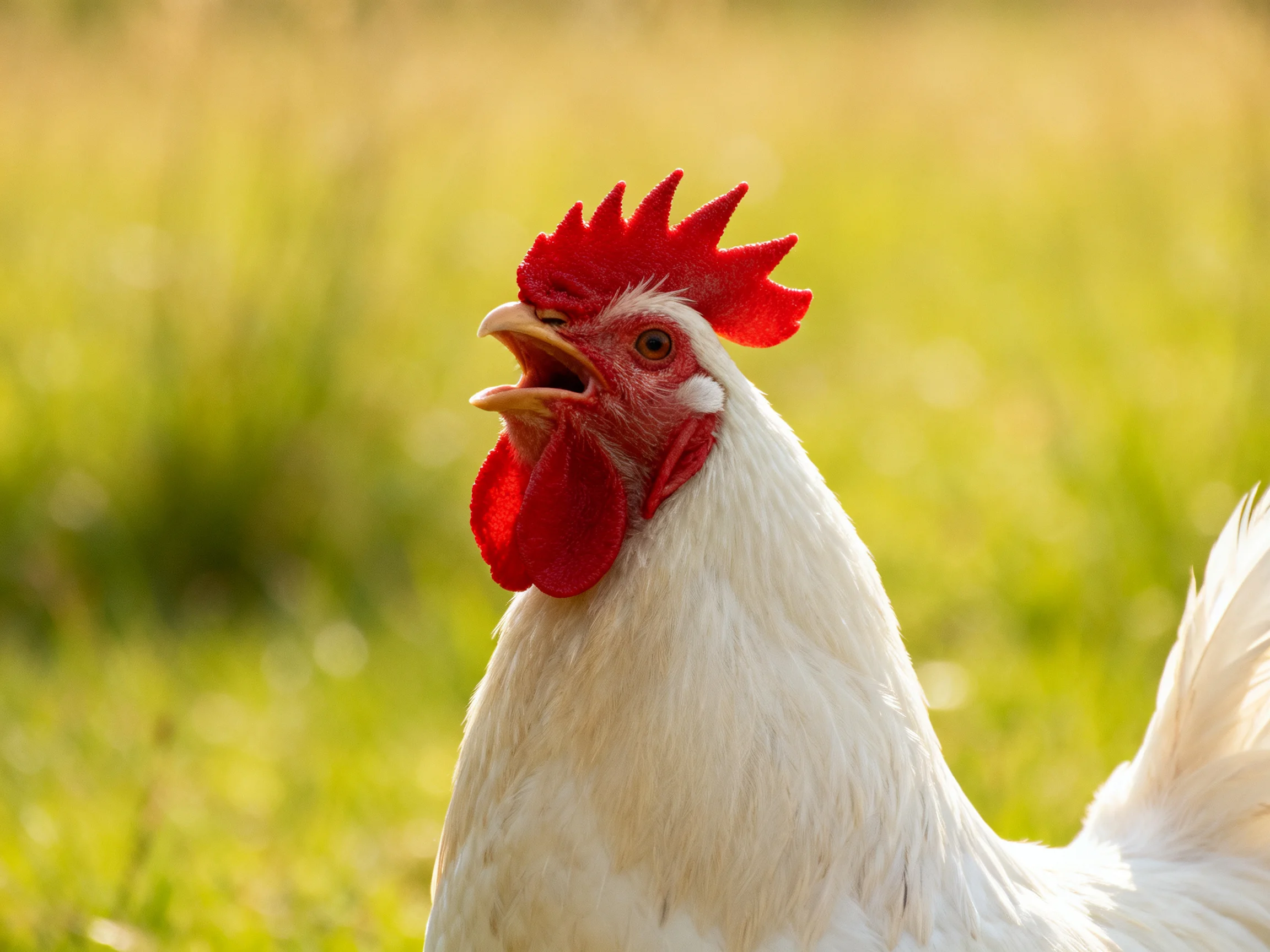 A white rooster with a bright red comb stands in a sunlit grassy area.
