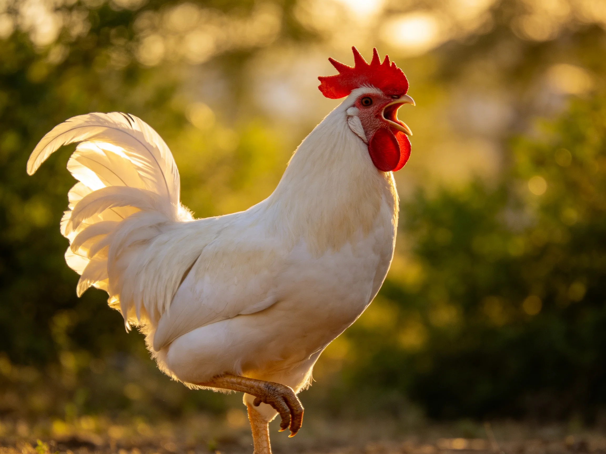 A white rooster with a red comb stands outdoors illuminated by golden sunlight.