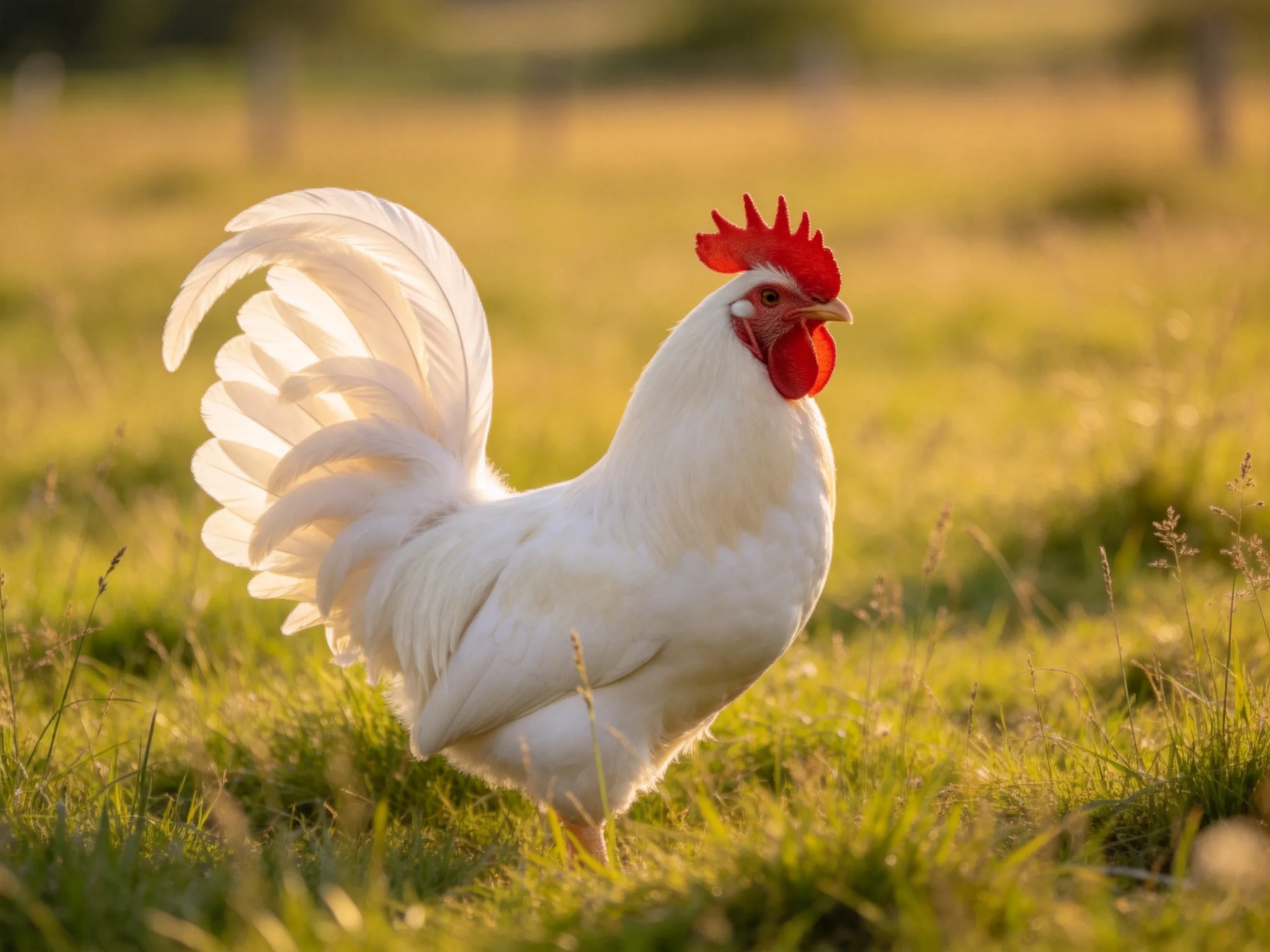 A white rooster with a bright red comb is in a sunlit grassy field.
