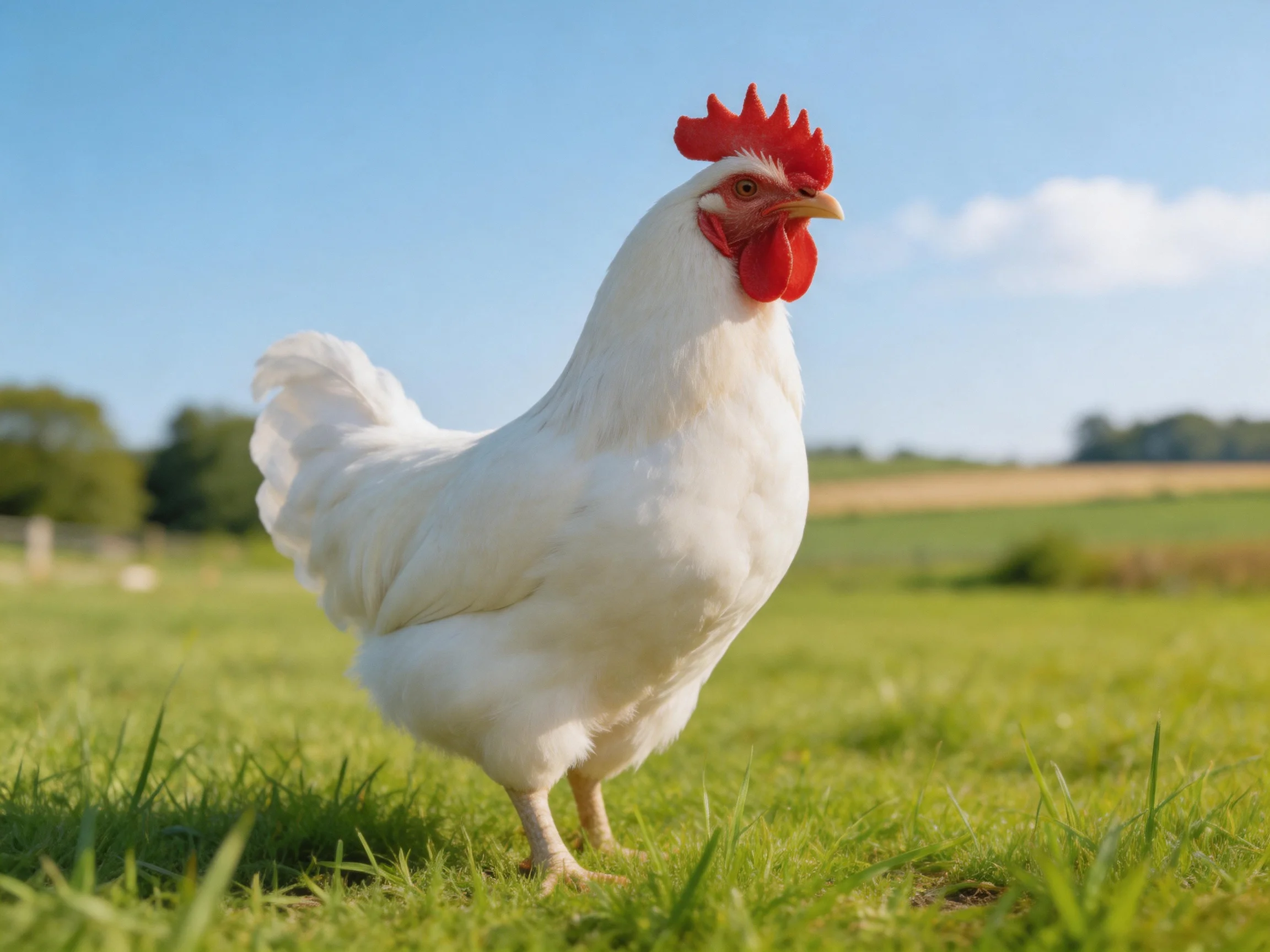 A white rooster with vibrant red comb stands on lush green grass