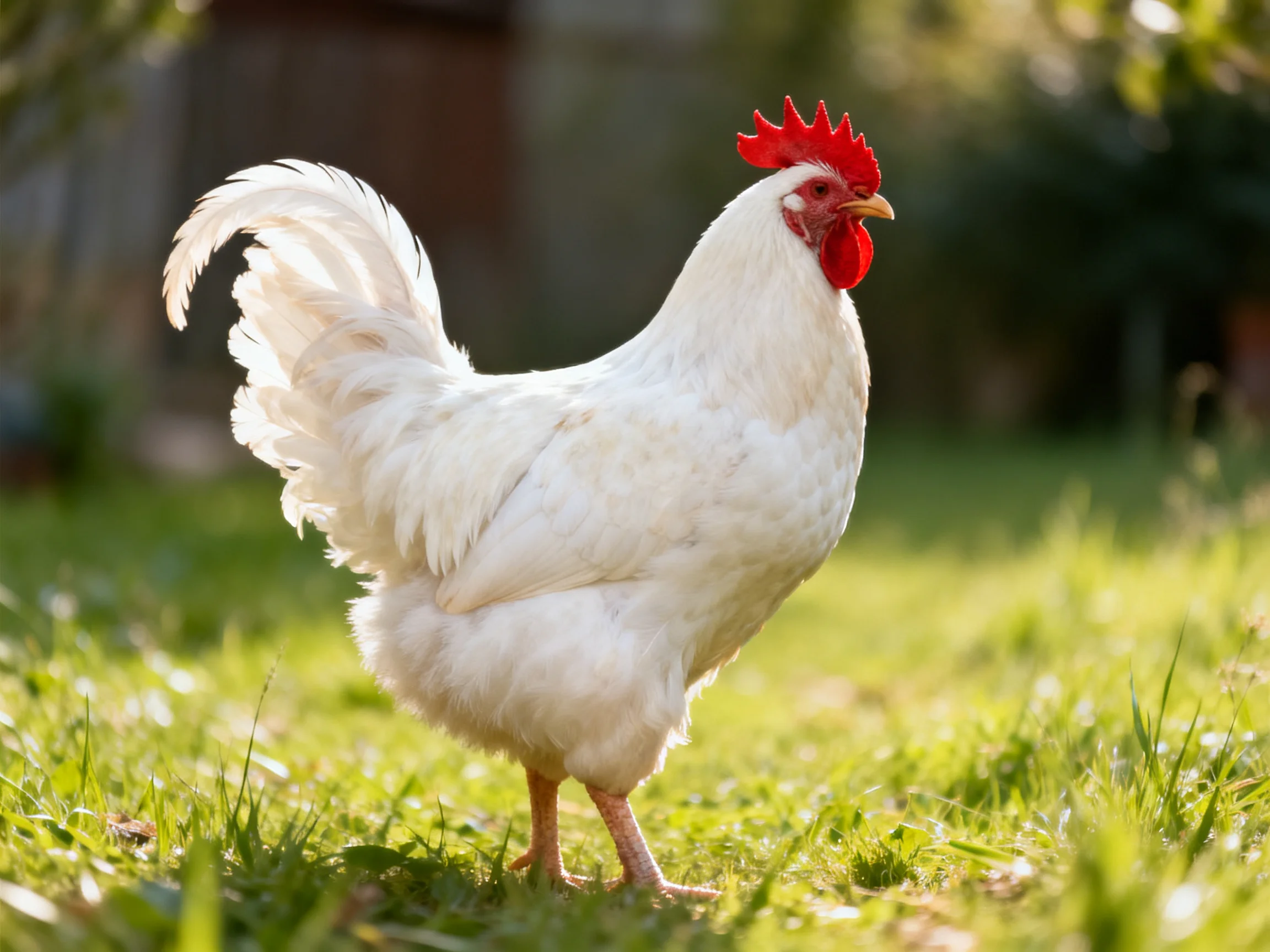 A white rooster with a red comb walks on sunlit grass.