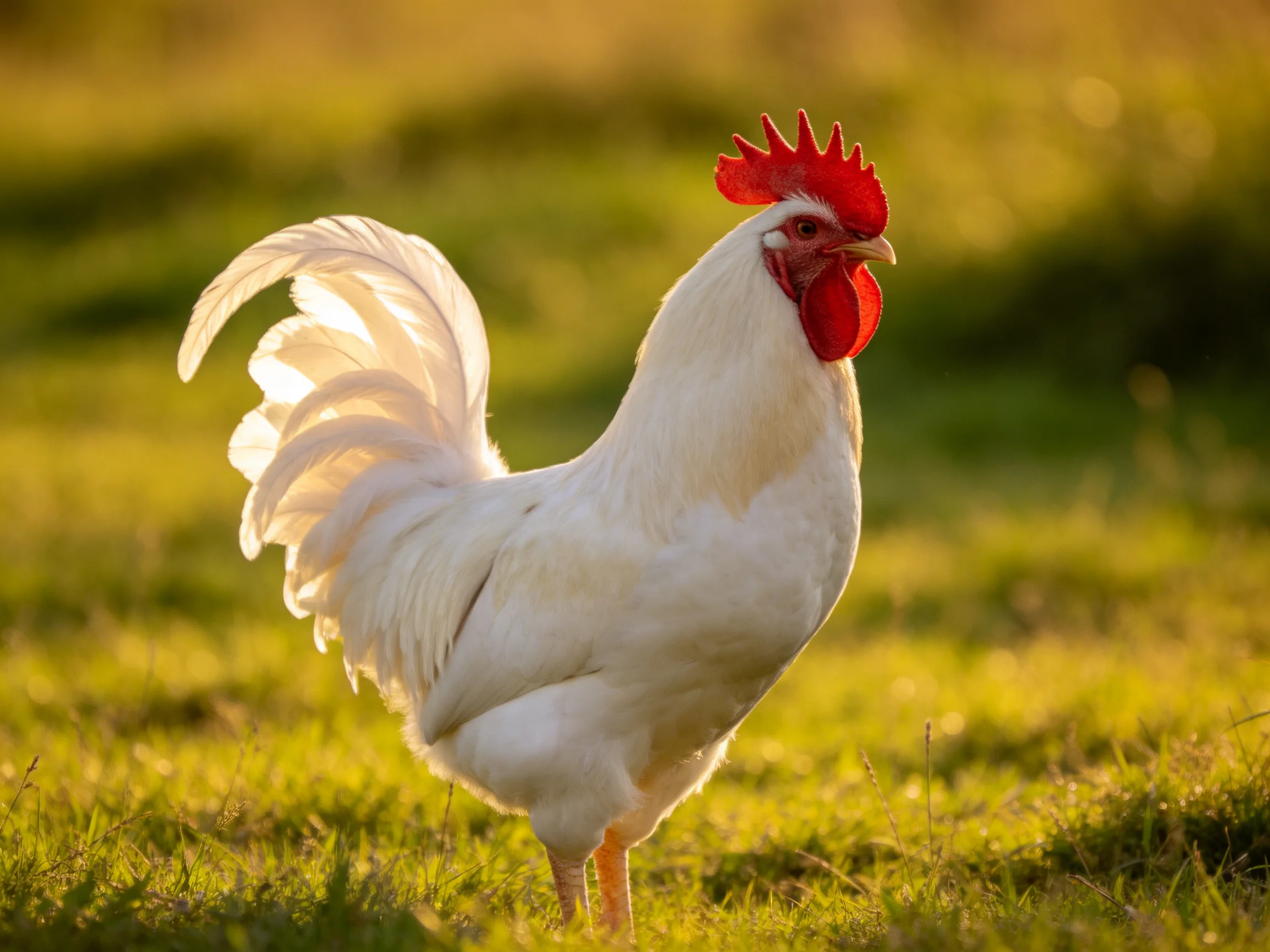 A white rooster with a bright red comb stands on sunlit grass.