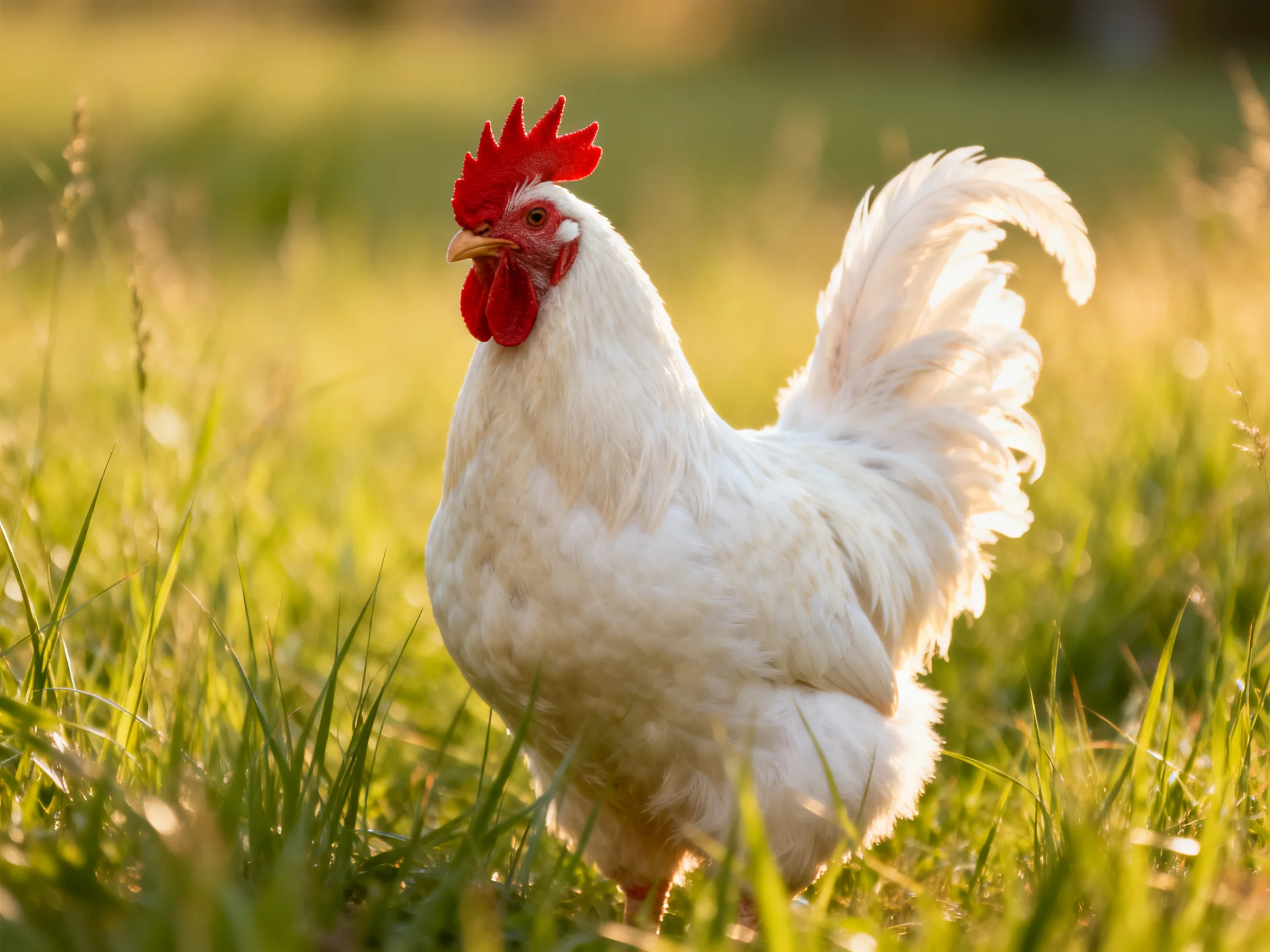 A white rooster with a red comb explores sunlit tall grass.