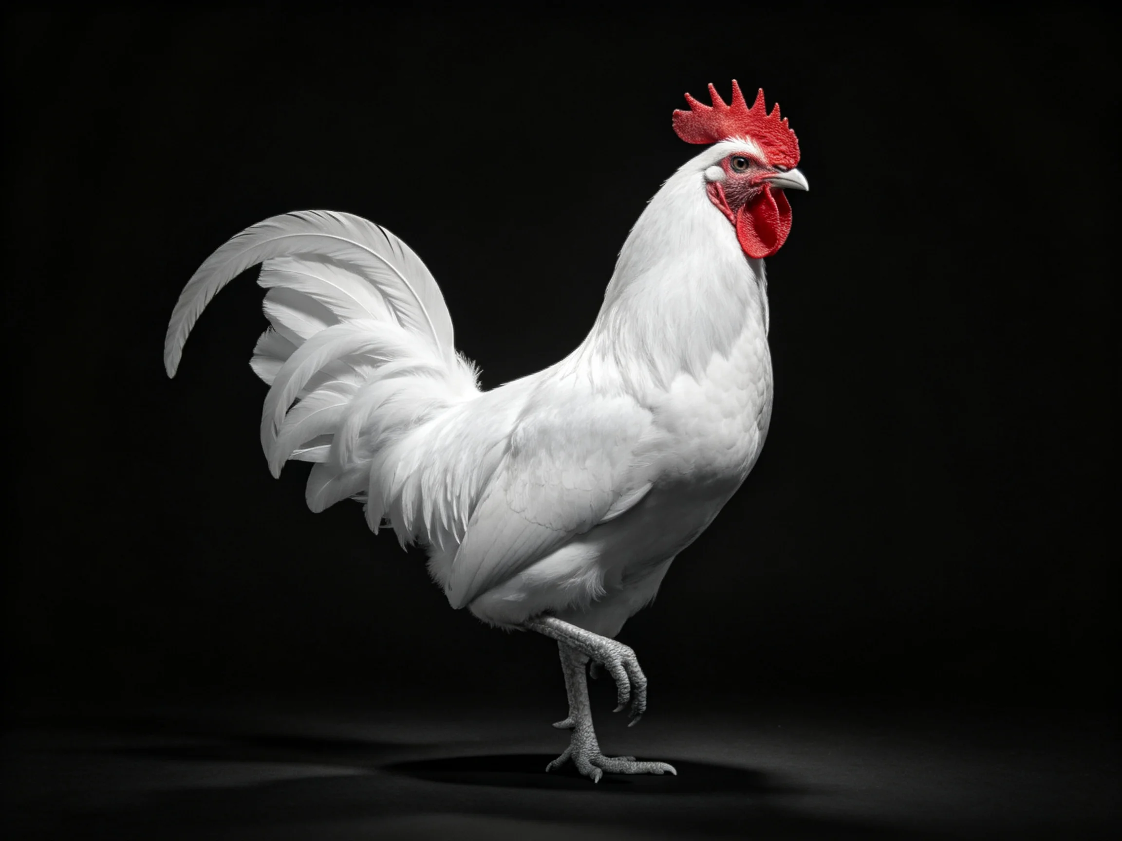 A white rooster with vivid red comb and wattles on a black background