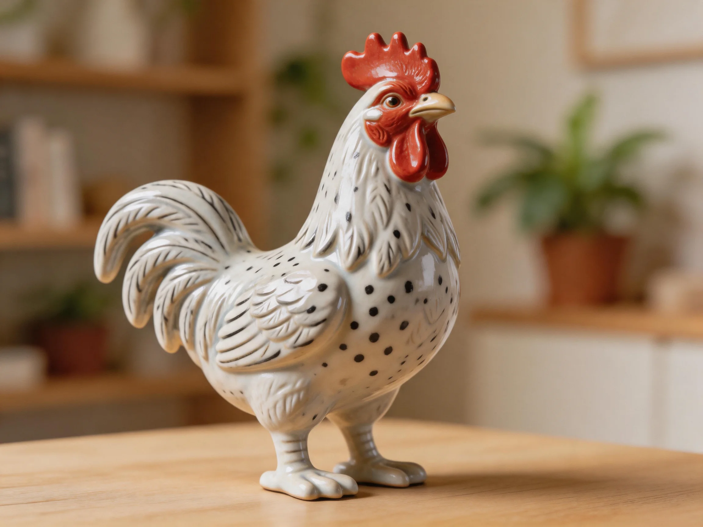A white spotted ceramic rooster figurine with red comb on a wooden table
