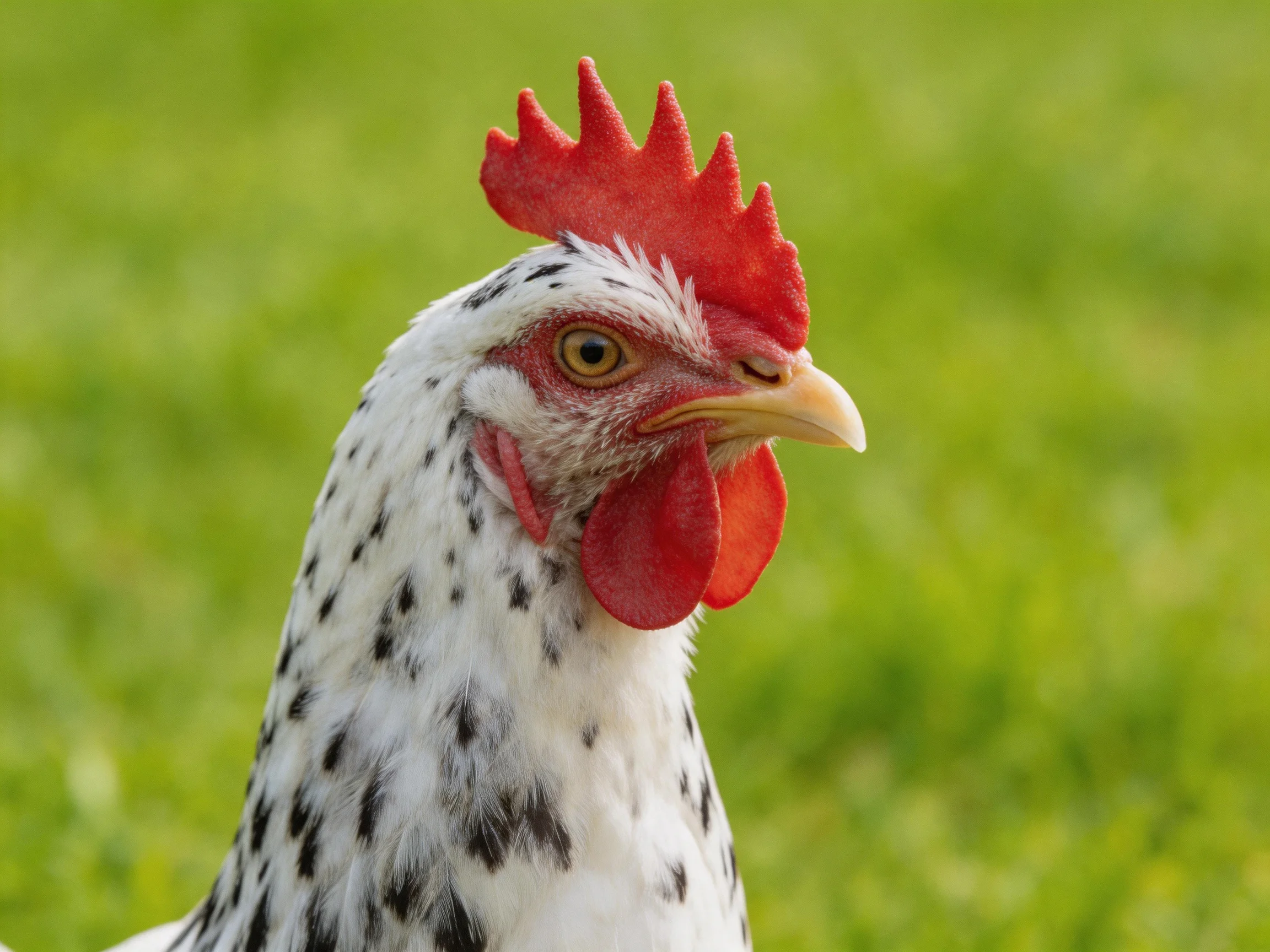 A white-spotted chicken with vibrant red comb on green grass