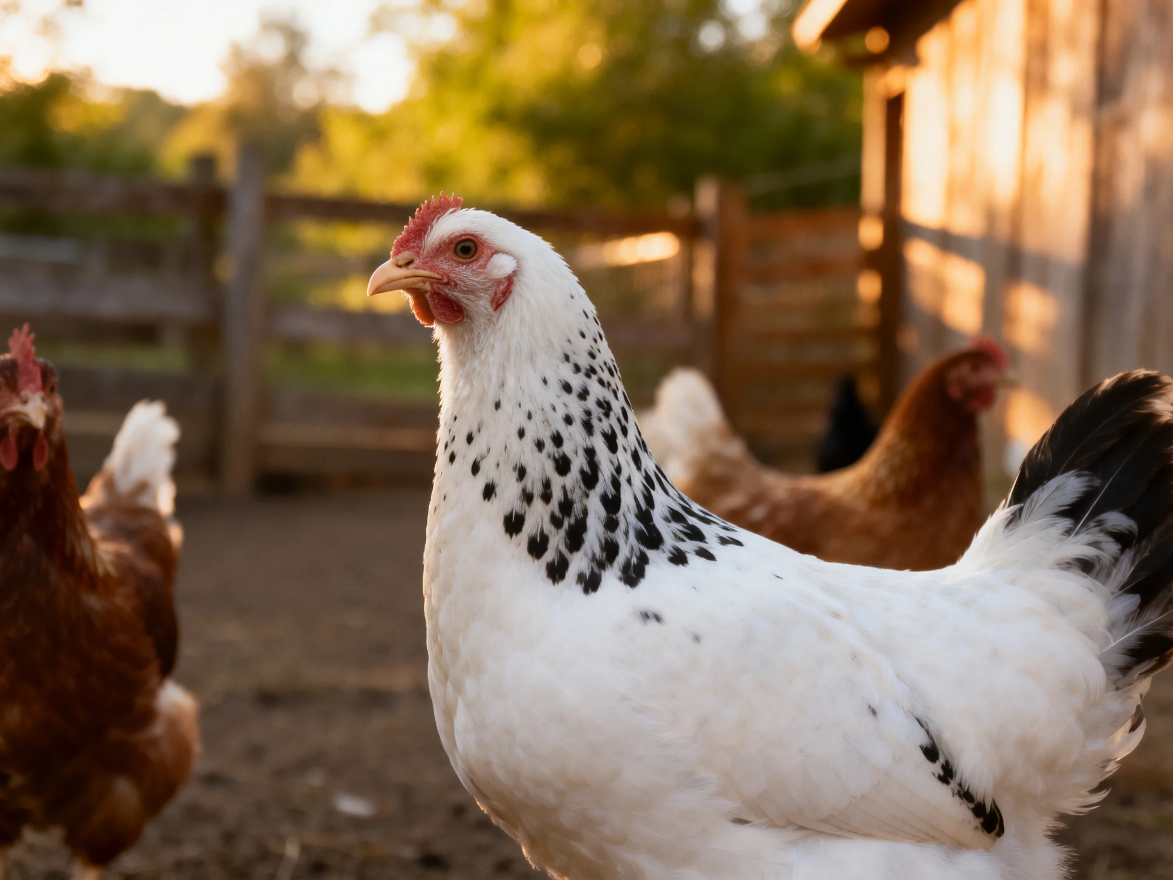 A white-spotted hen among brown hens in a sunlit farm enclosure