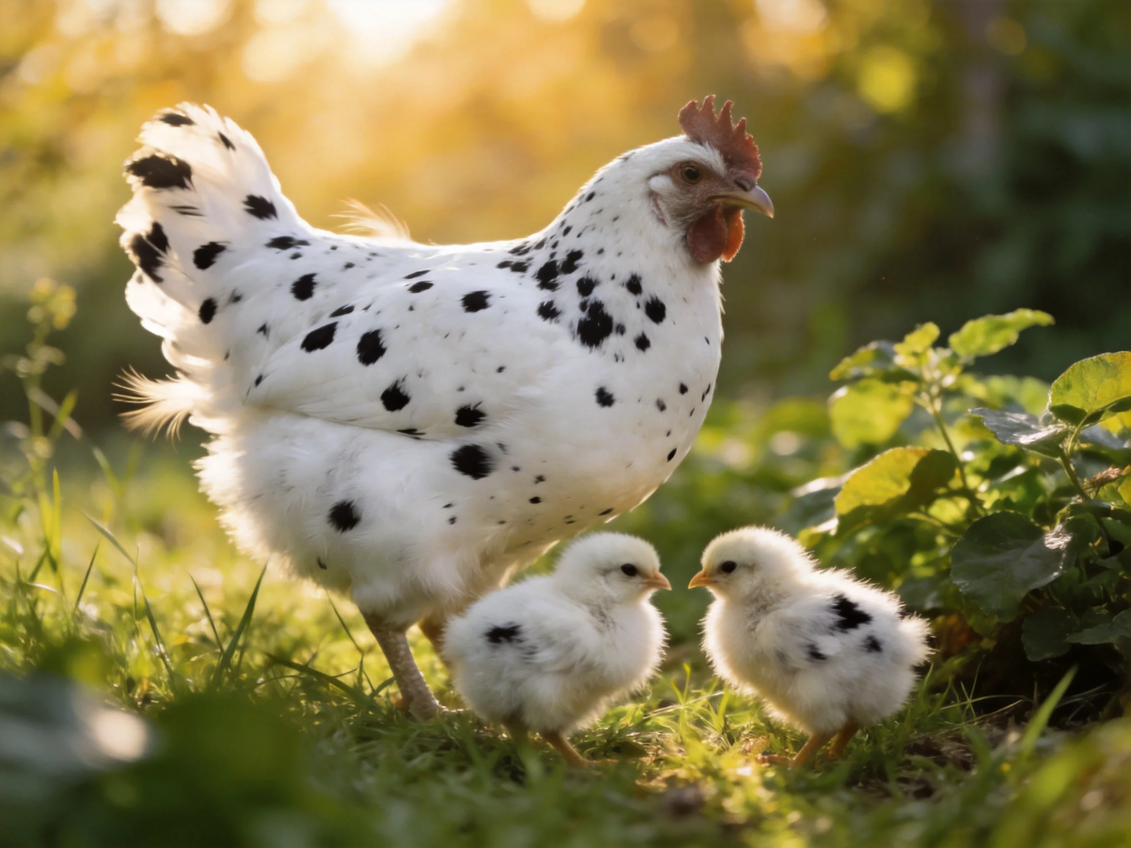 A white-spotted hen and two chicks in a sunlit grassy field
