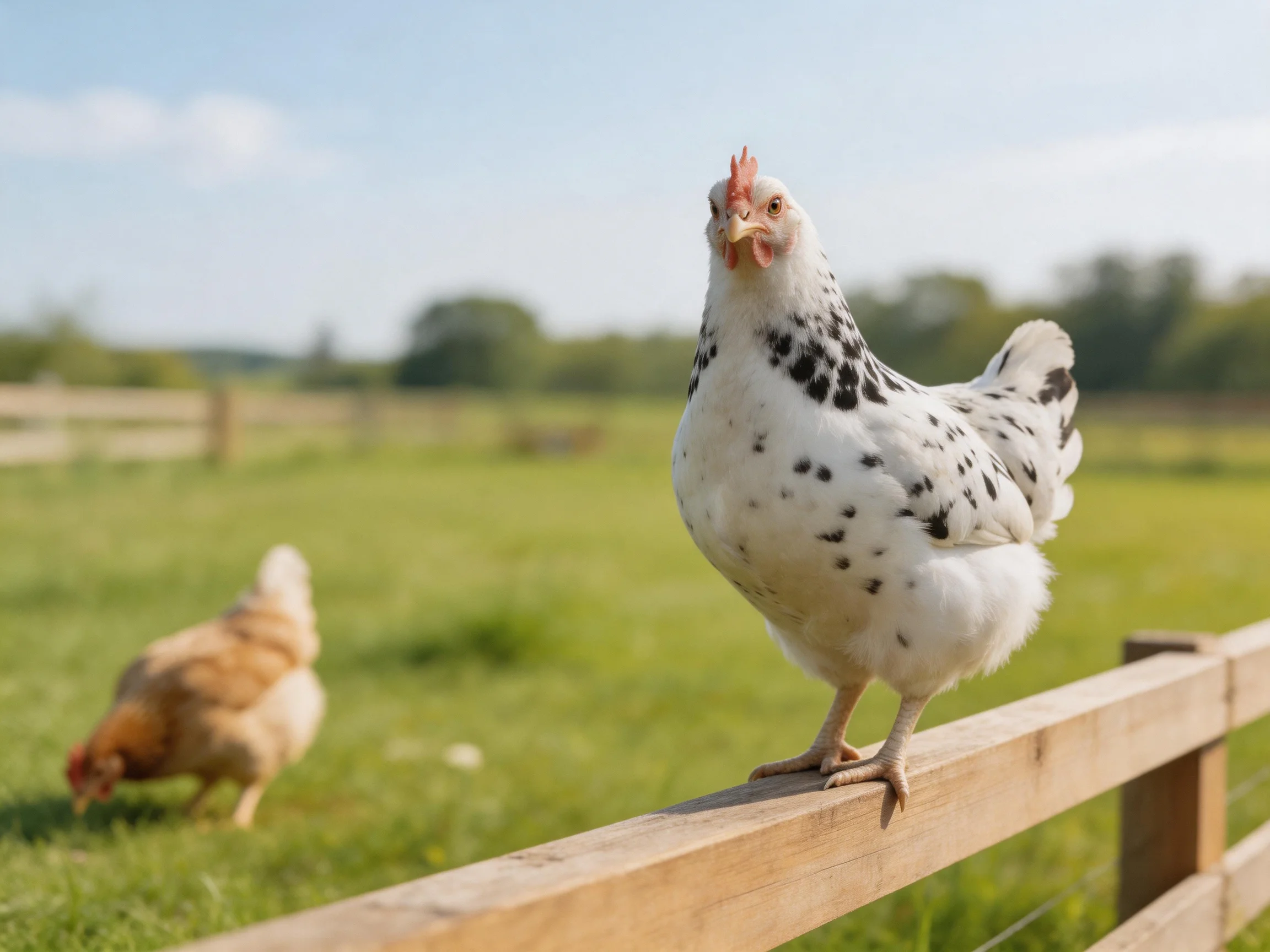 A white-spotted hen stands on a wooden fence; a brown chicken forages in the grassy field