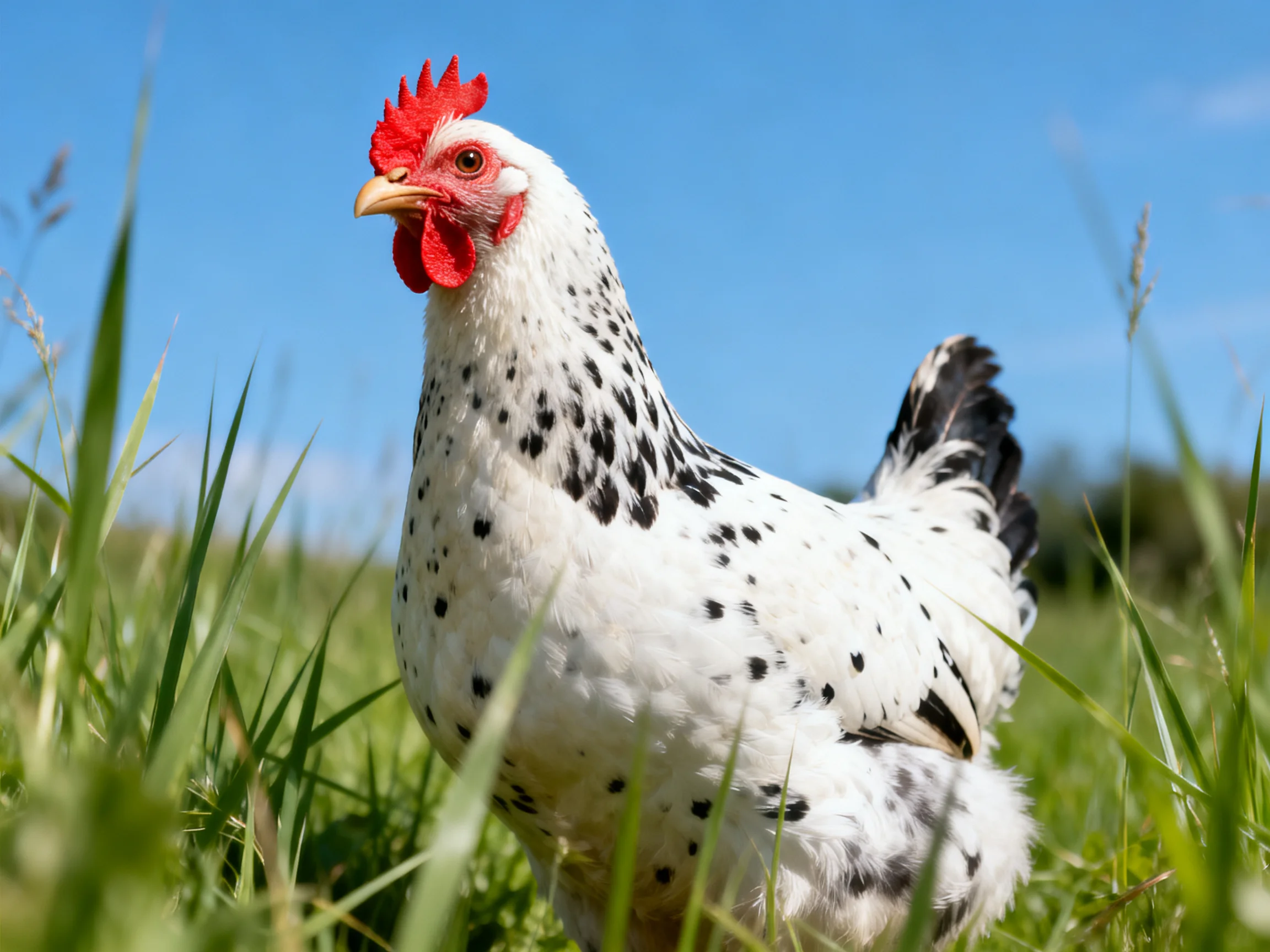 A white-spotted hen with red comb in lush green grass under bright blue sky