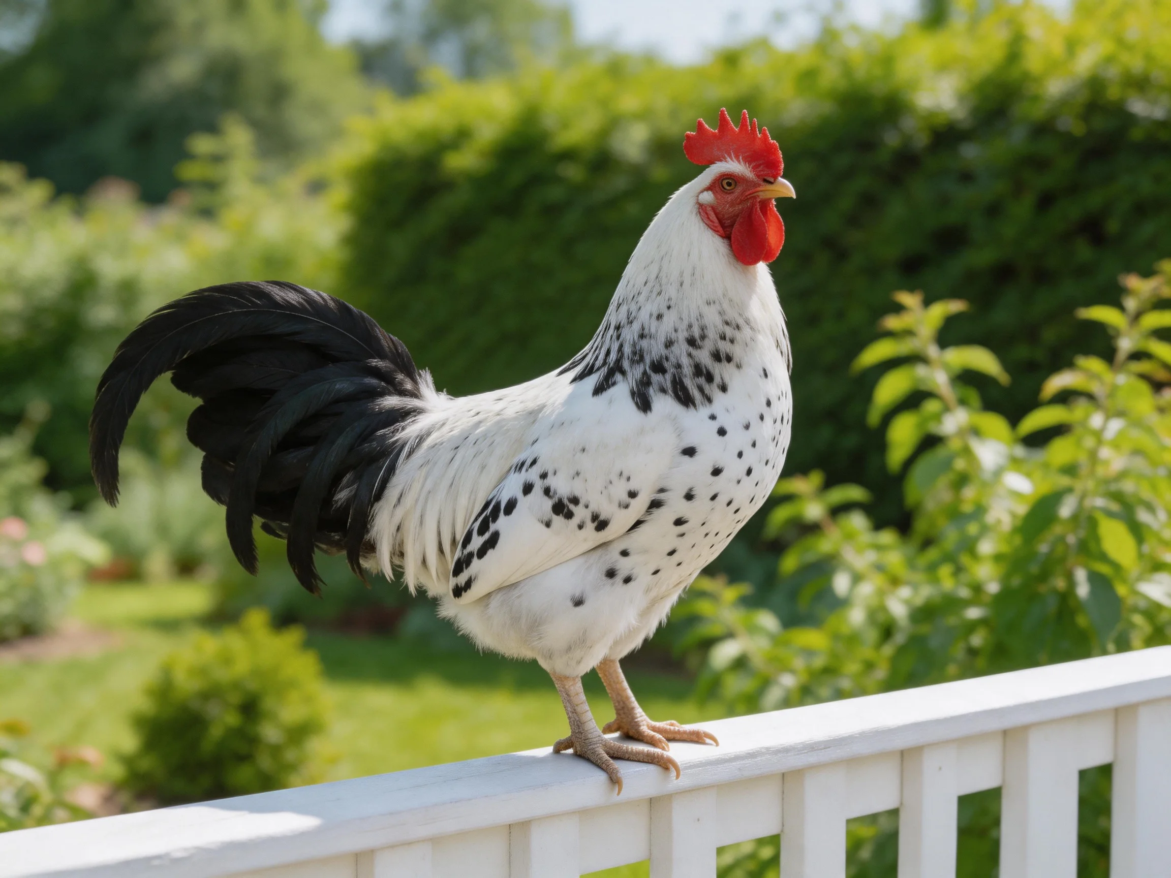 A rooster with white and black plumage stands on a white fence in a lush green garden.