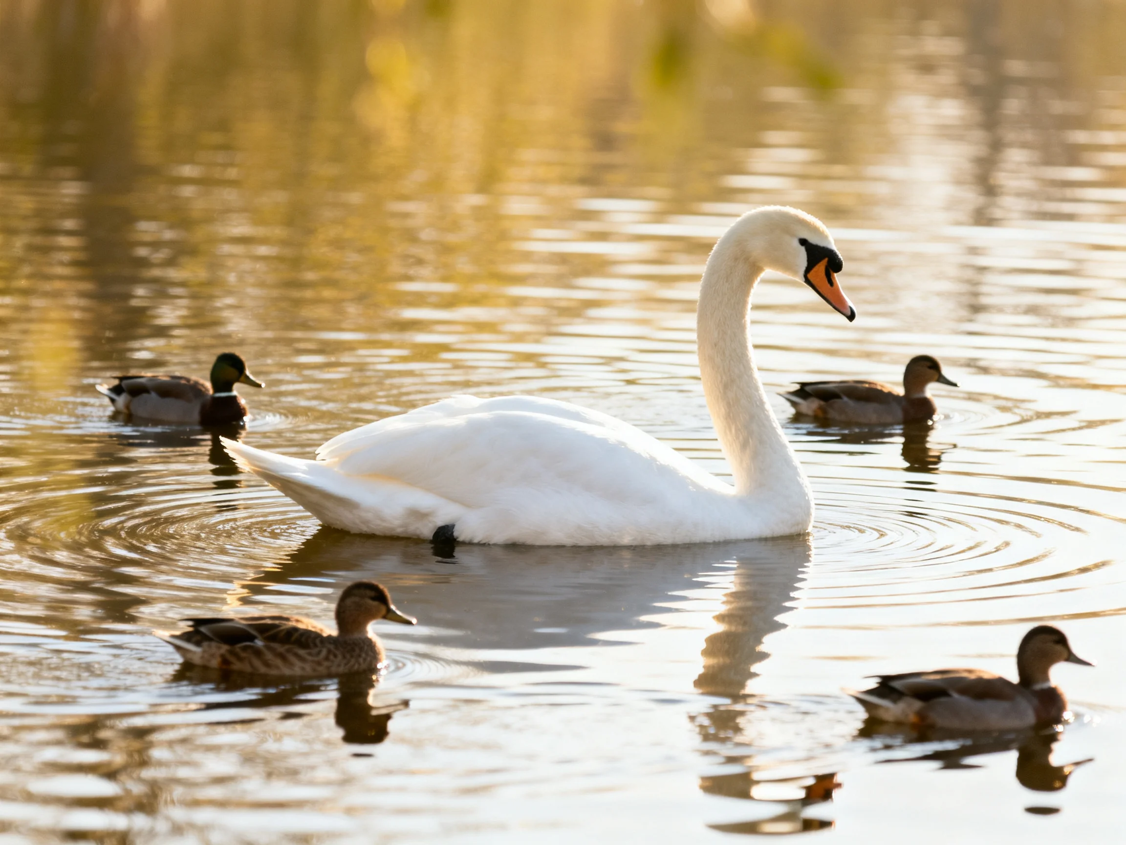 A white swan and four ducks glide through serene, sunlit water together.