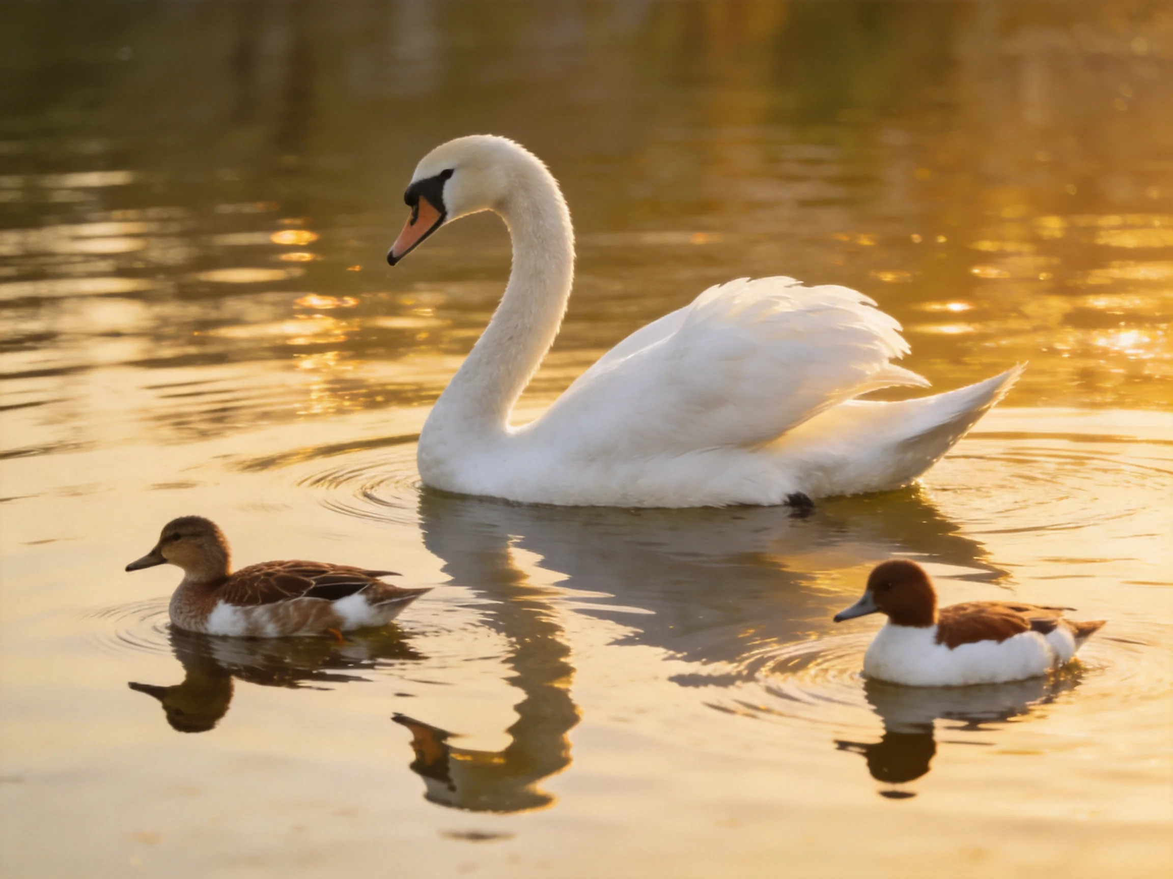A white swan swims with two brown ducks in golden water
