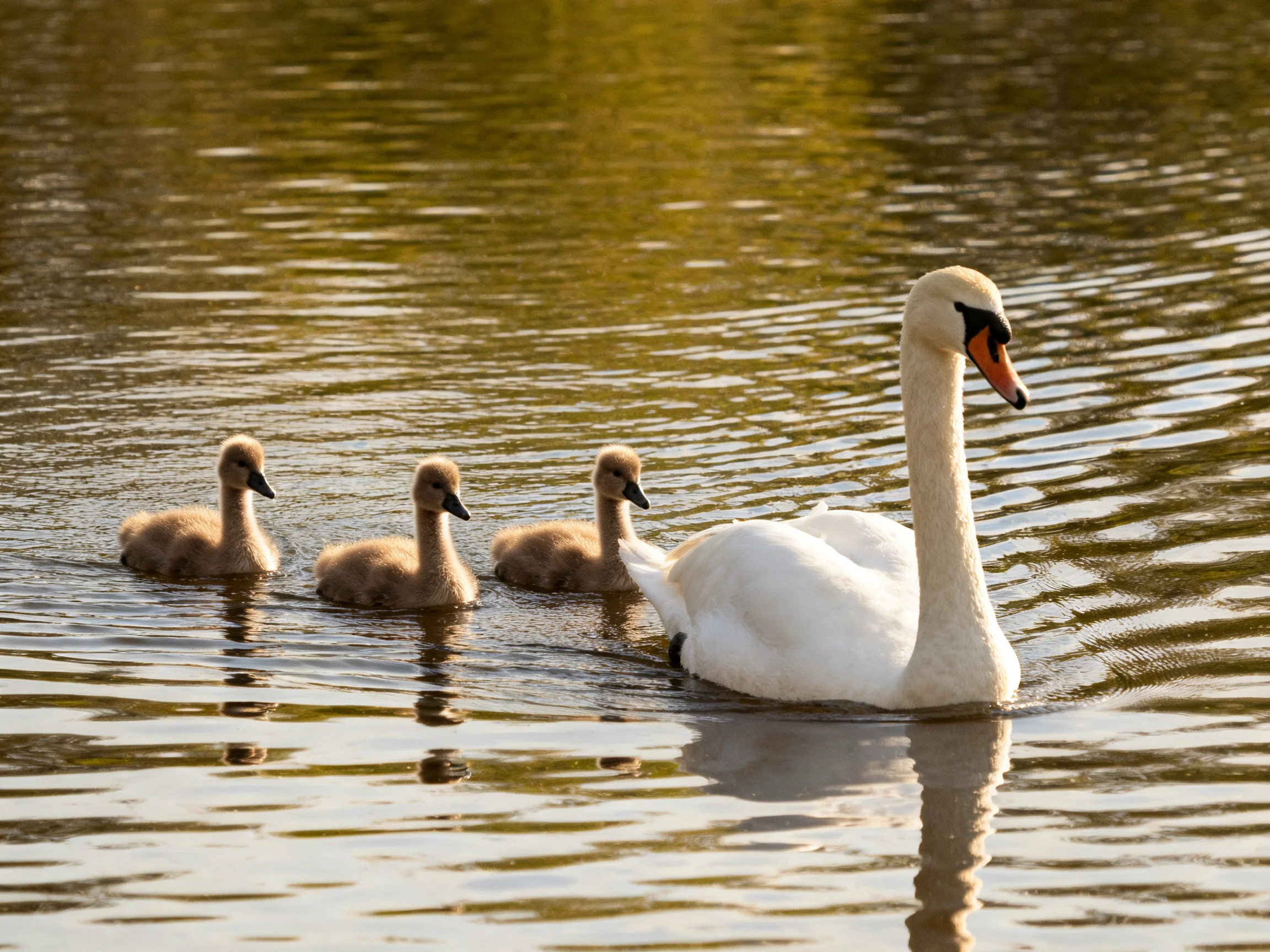A swan leads her three young cygnets across peaceful, sunlit waters.