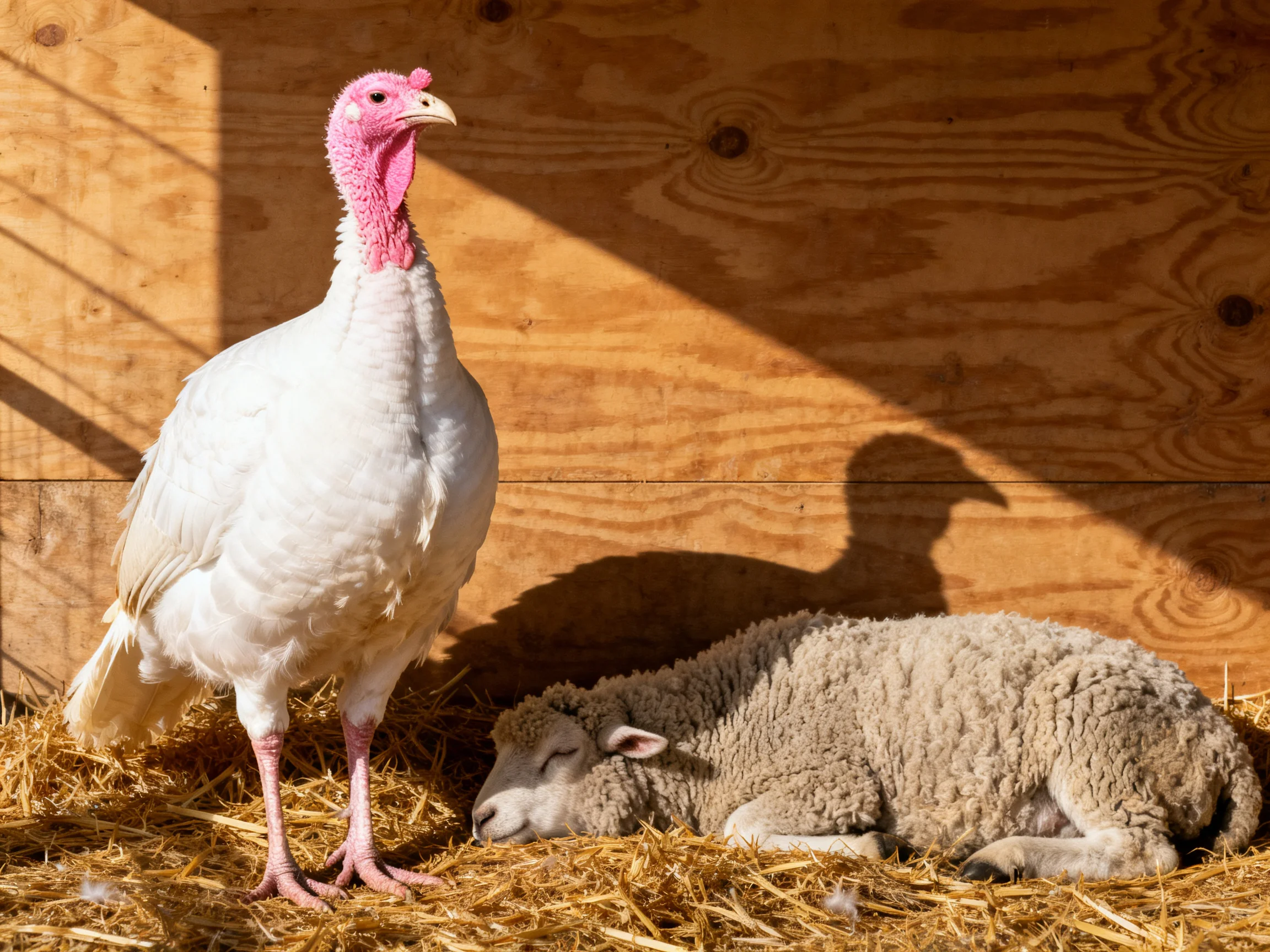 A white turkey with pink head stands beside a sleeping sheep on straw near a wooden wall