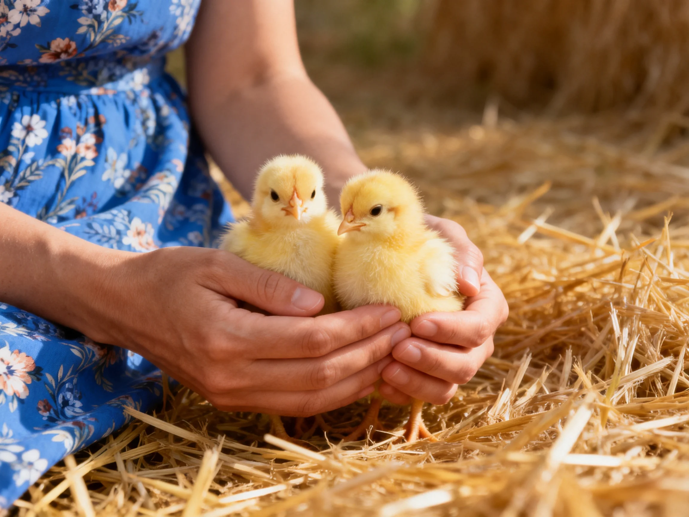A woman in a blue floral dress holds two yellow chicks on straw