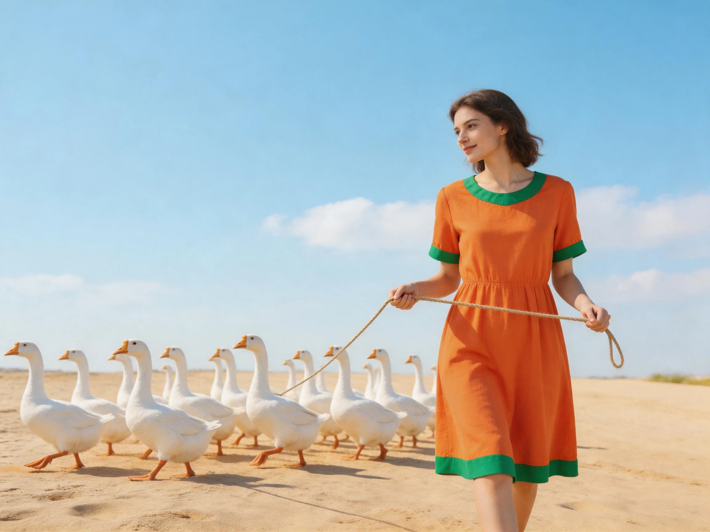 A woman in an orange-green dress leads white geese on sandy ground